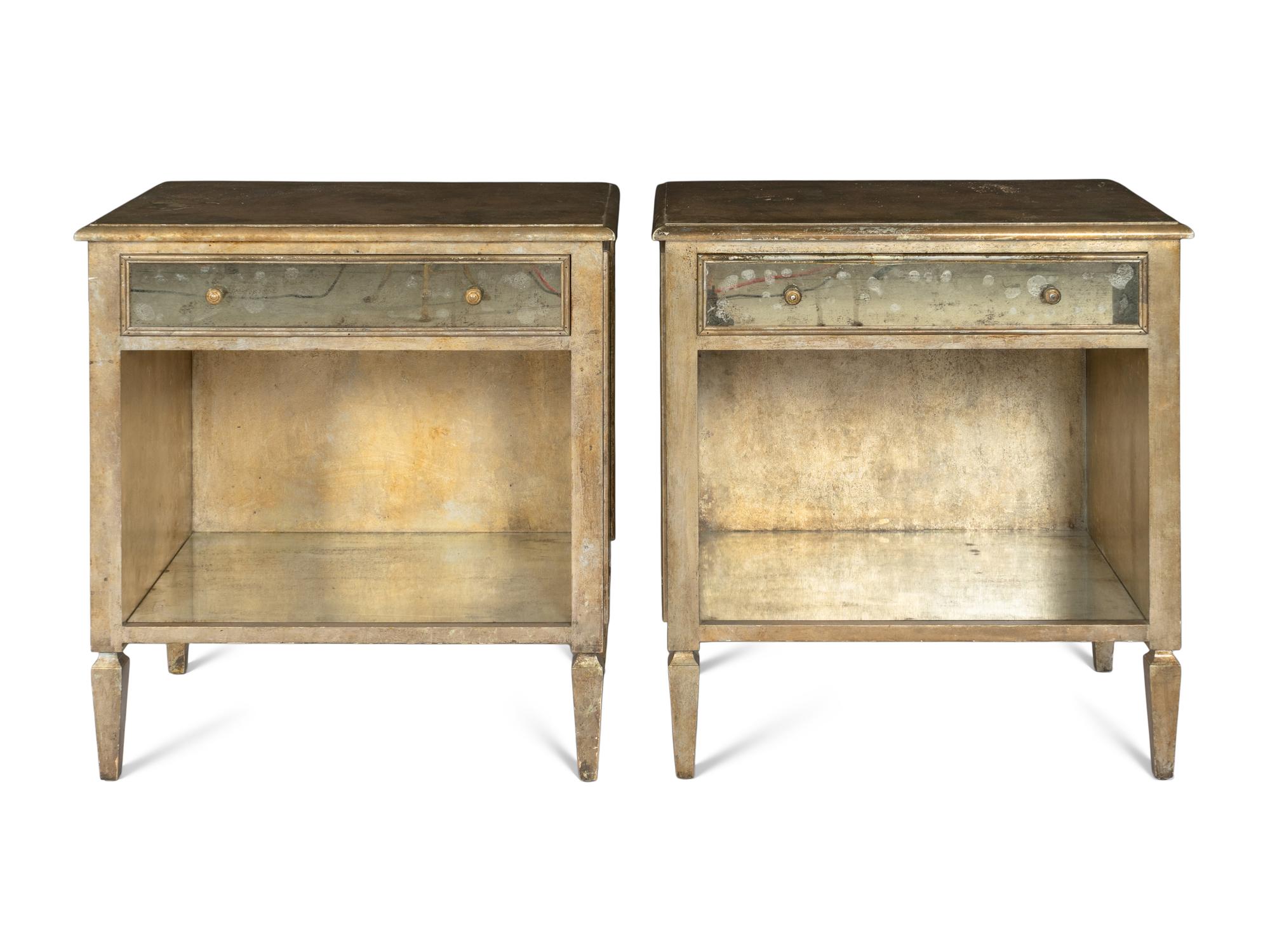 A Pair of Niermann Weeks Mirror-Veneered Silver Leaf Bedside Cabinets
