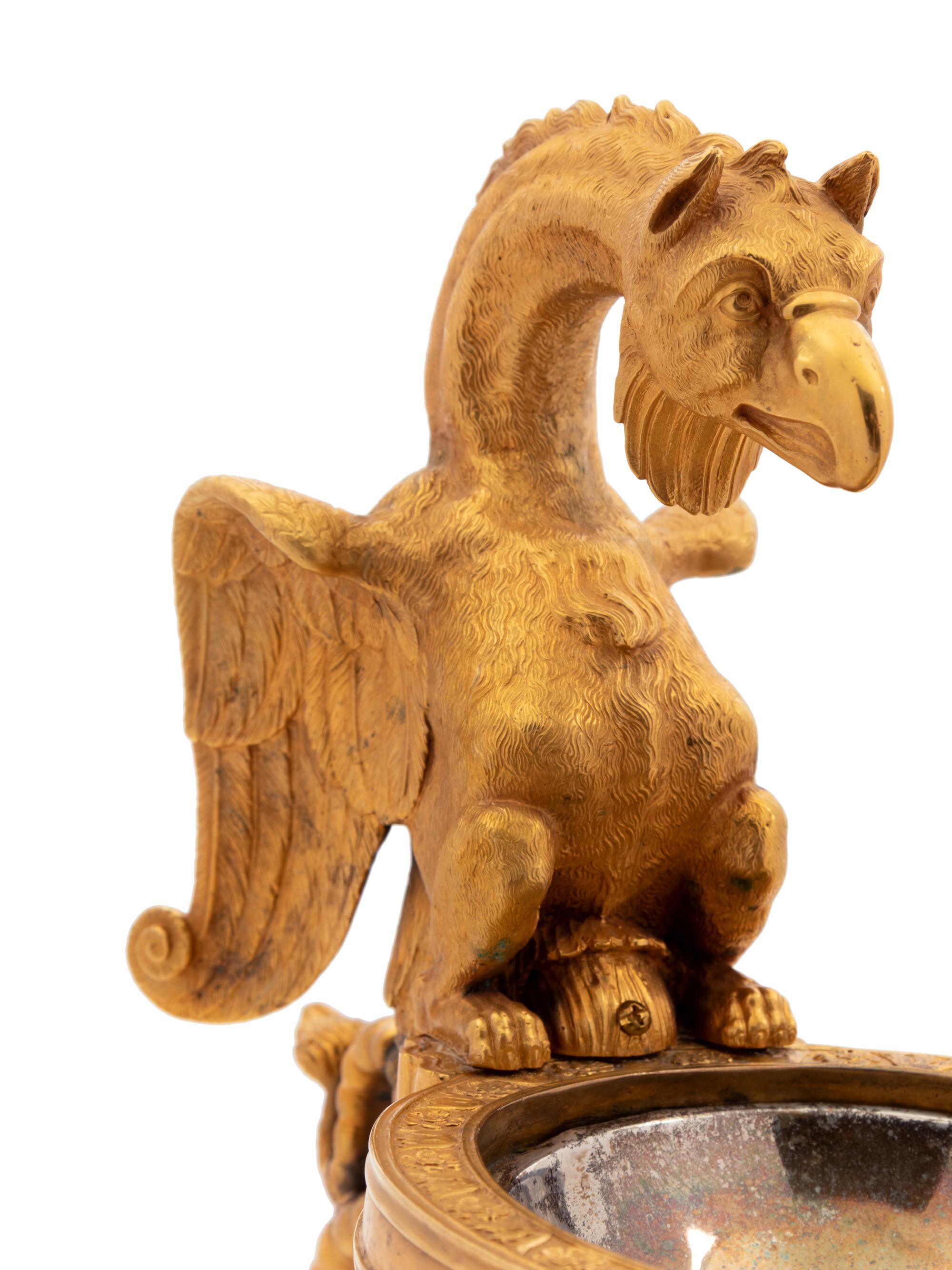 A Continental Gilt Bronze Oil Lamp with a Dragon Handle
