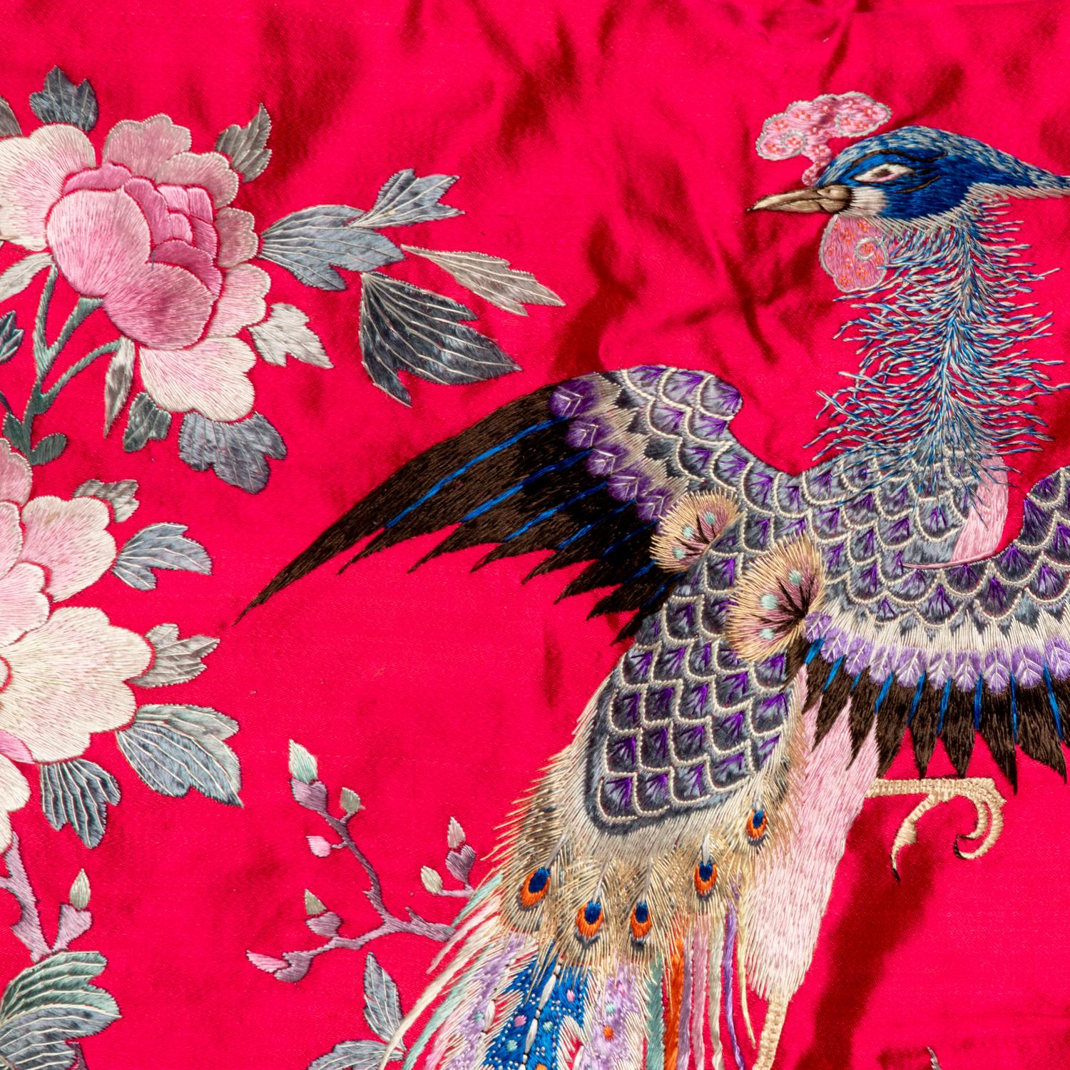 A Large Chinese Embroidered Silk Hanging Panel, Late 19th Century 清晚期 藍地綉花鳥大挂賬