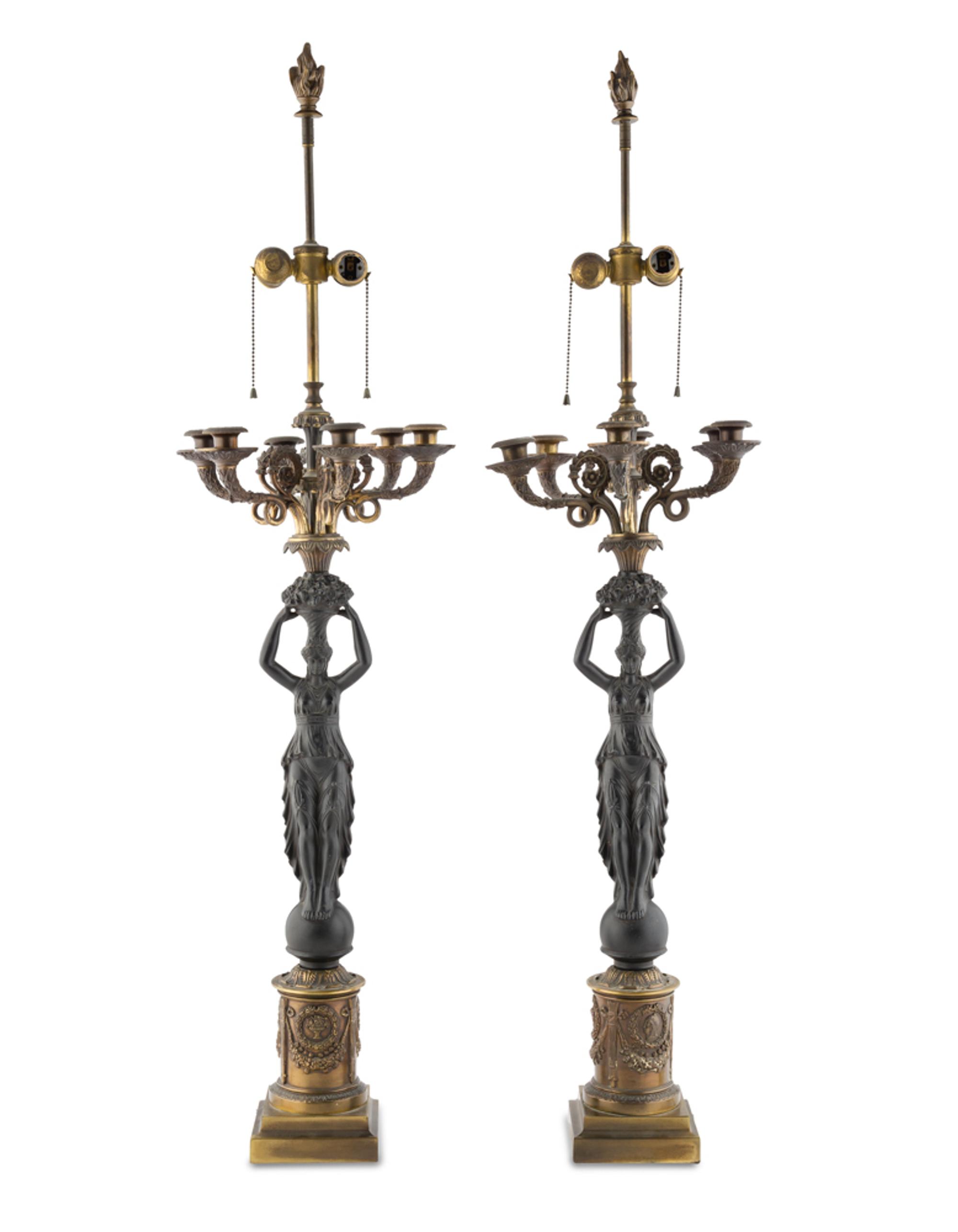 A Pair of Empire Style Parcel Gilt and Patinated Metal Six-Light Candelabra