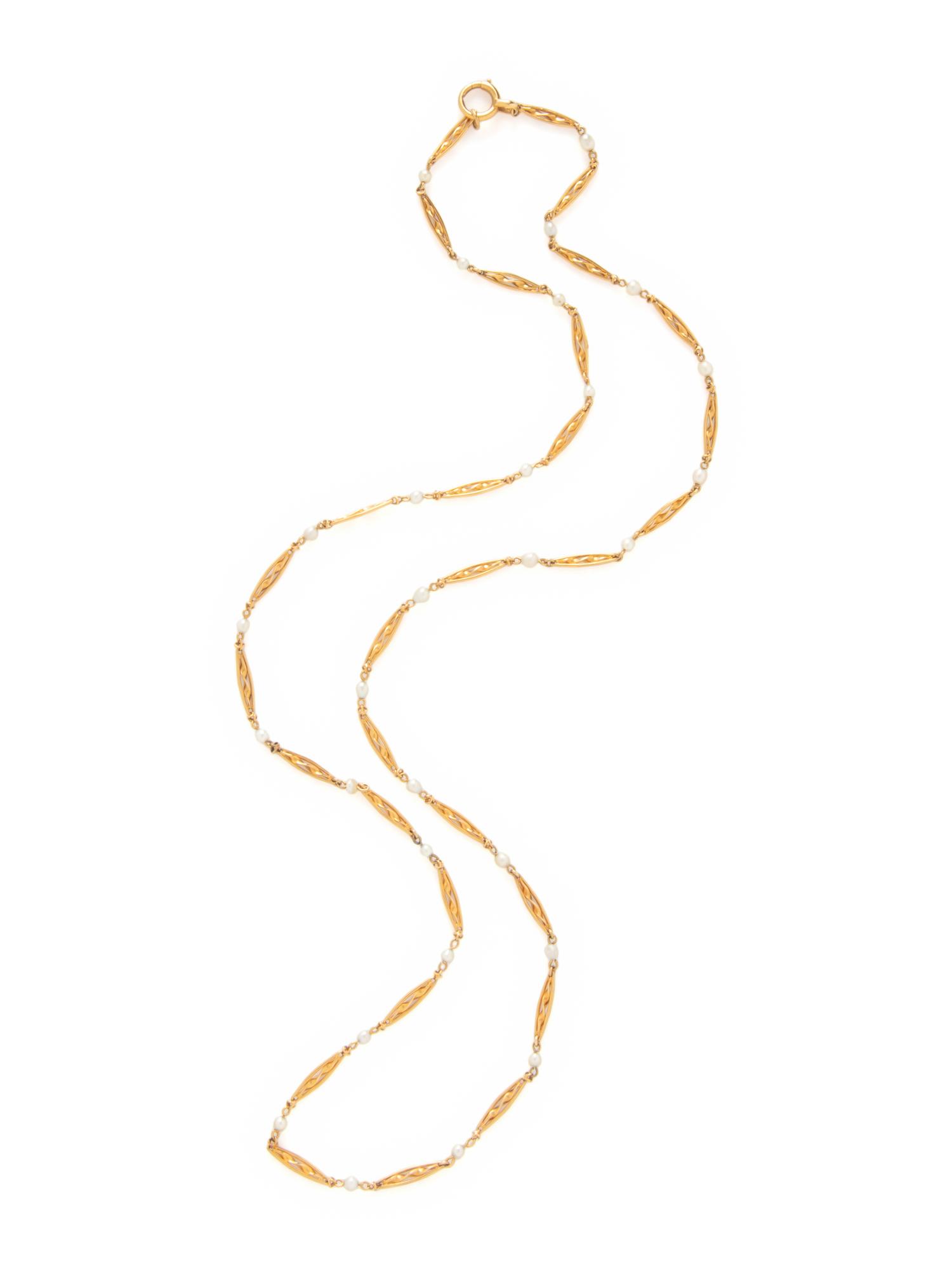YELLOW GOLD AND SEED PEARL FANCY LINK NECKLACE