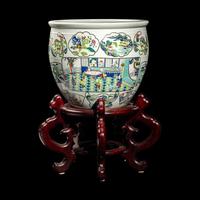 A Chinese Famille Rose Porcelain Fish Bowl, Late 19th-Early 20th Century 清晚期 粉彩開光人物故事博古圖大畫缸