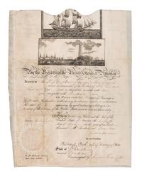 [SHIP’S PASSPORTS]. MONROE, James (1758-1831), Fifth U.S. President. Partially engraved document accomplished in manuscript, signed (“James Monroe"), as President and "Richard Rush" as acting Secretary of State, countersigned by "simon Theus Coll."[Washington], 16 July 1817.
