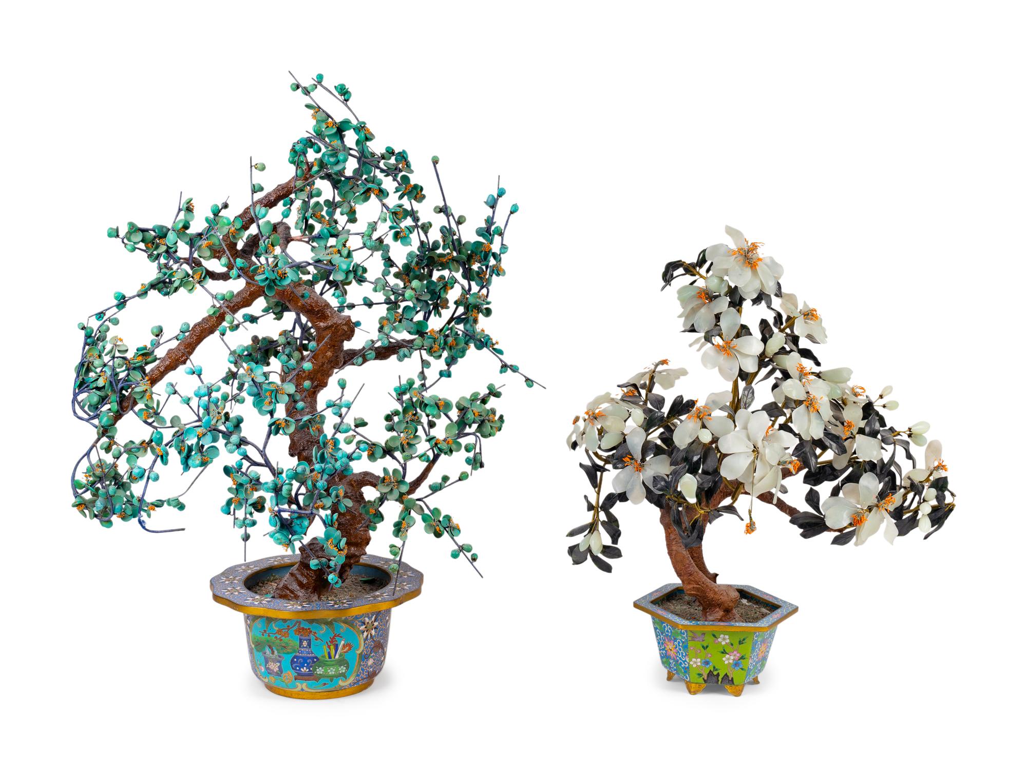 Two Chinese Hardstone Trees in Cloisonne Enamel Jardinieres — 20TH CENTURY