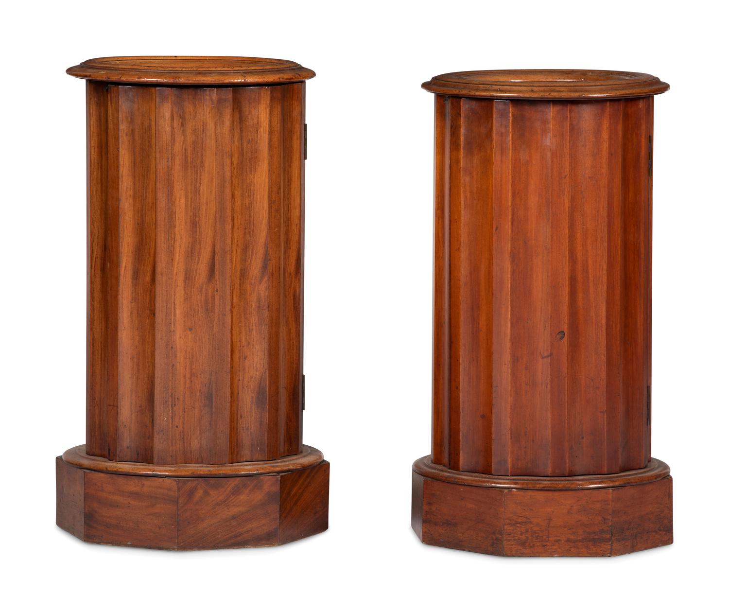 A Pair of Regency Style Marble Inset Carved Birch Column-Form Pot Cupboards