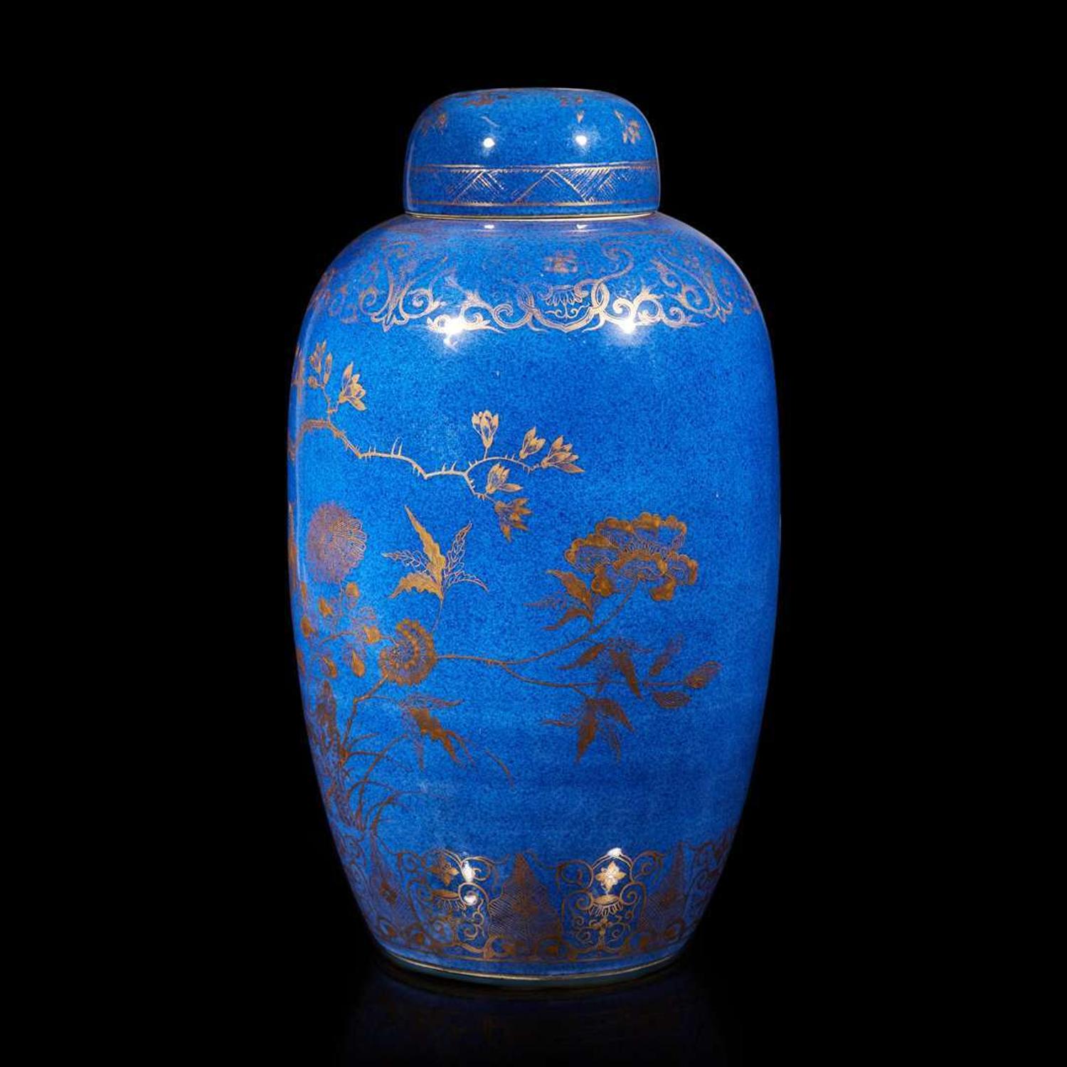 A Chinese powder blue and gilt decorated ovoid jar and cover 灑藍地描金蓋罐