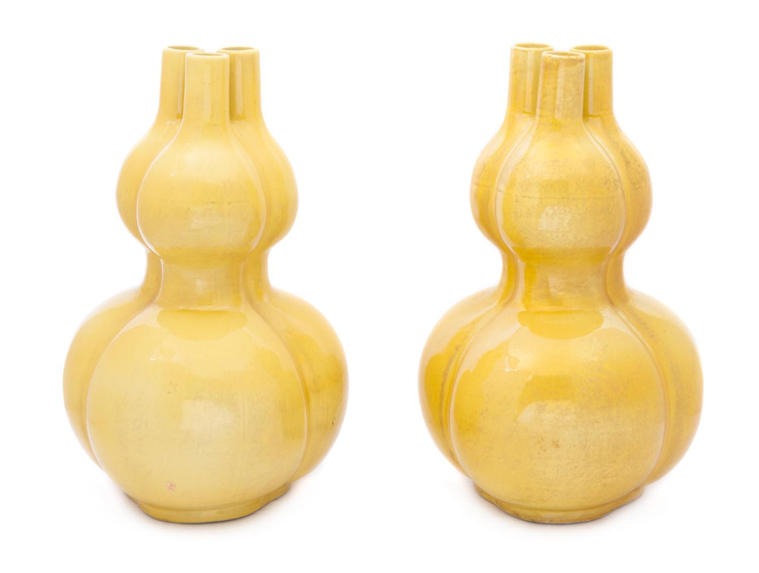 A Pair of Chinese Yellow Glazed Triple-Gourd Vases 18TH/19TH CENTURY Height 15 1/4 inches. — 18TH/19TH CENTURY