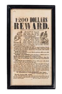 [SLAVERY & ABOLITION]. 1200 Dollars Reward. Illustrated broadside seeking runaways, incl. Allen Davidson and Sylla. Easton, [MD], 23 August 1858.
