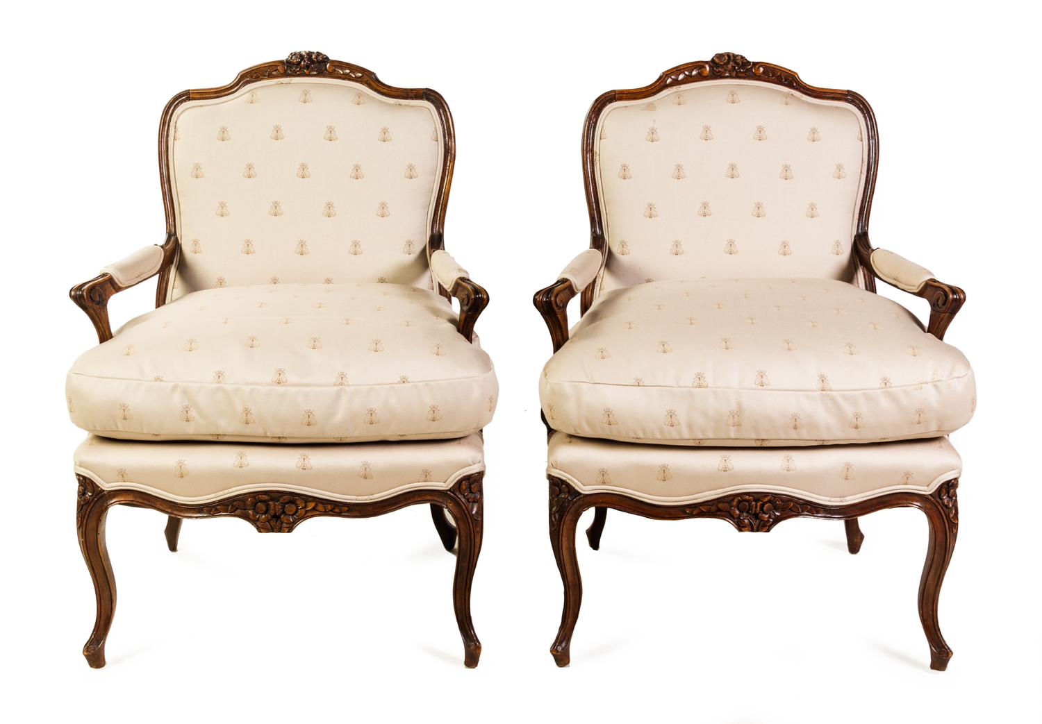 A Pair of Louis XV Style Walnut Fauteuils Height 39 1/2 x width 29 3/4 x depth 21 1/2 inches. — 19TH CENTURY