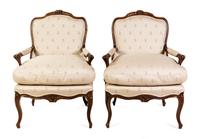 A Pair of Louis XV Style Walnut Fauteuils Height 39 1/2 x width 29 3/4 x depth 21 1/2 inches. — 19TH CENTURY