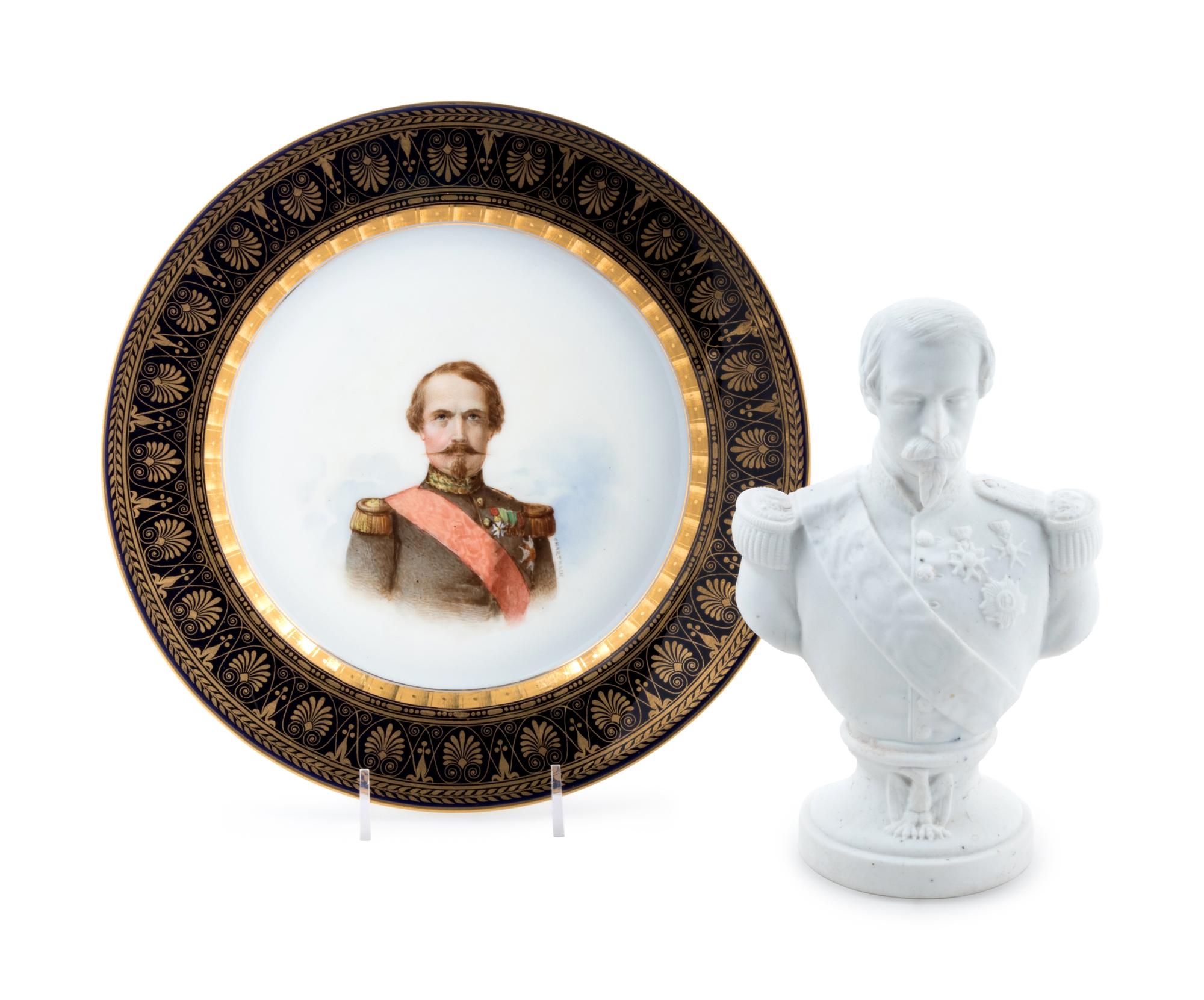 A Sèvres Porcelain Cabinet Plate and a Bisque Porcelain Bust Depicting Napoleon III