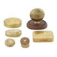 Collection of six brass tobacco or snuff boxes English and Dutch, 17th-19th century