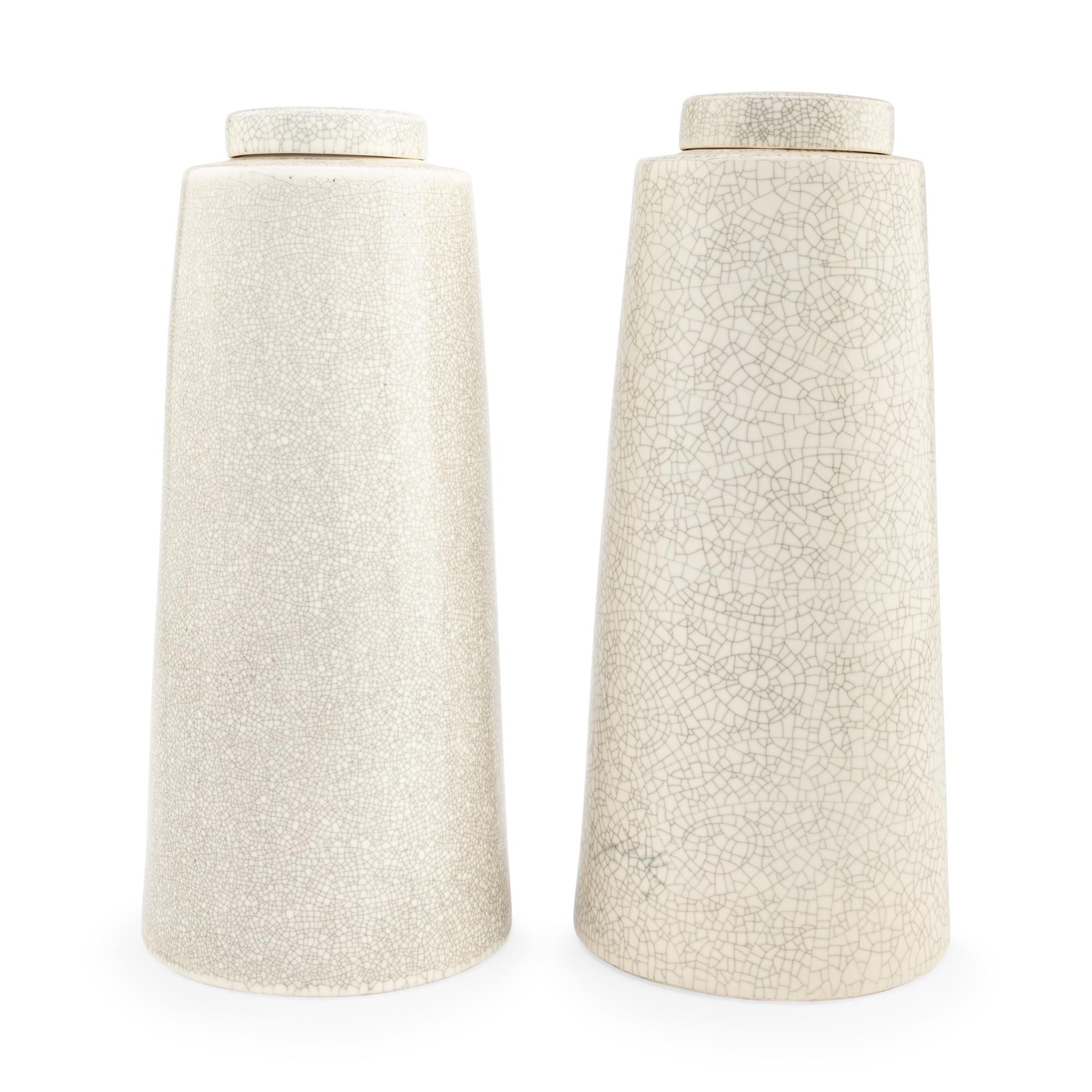 A Pair of Crackle Glazed Covered Vases