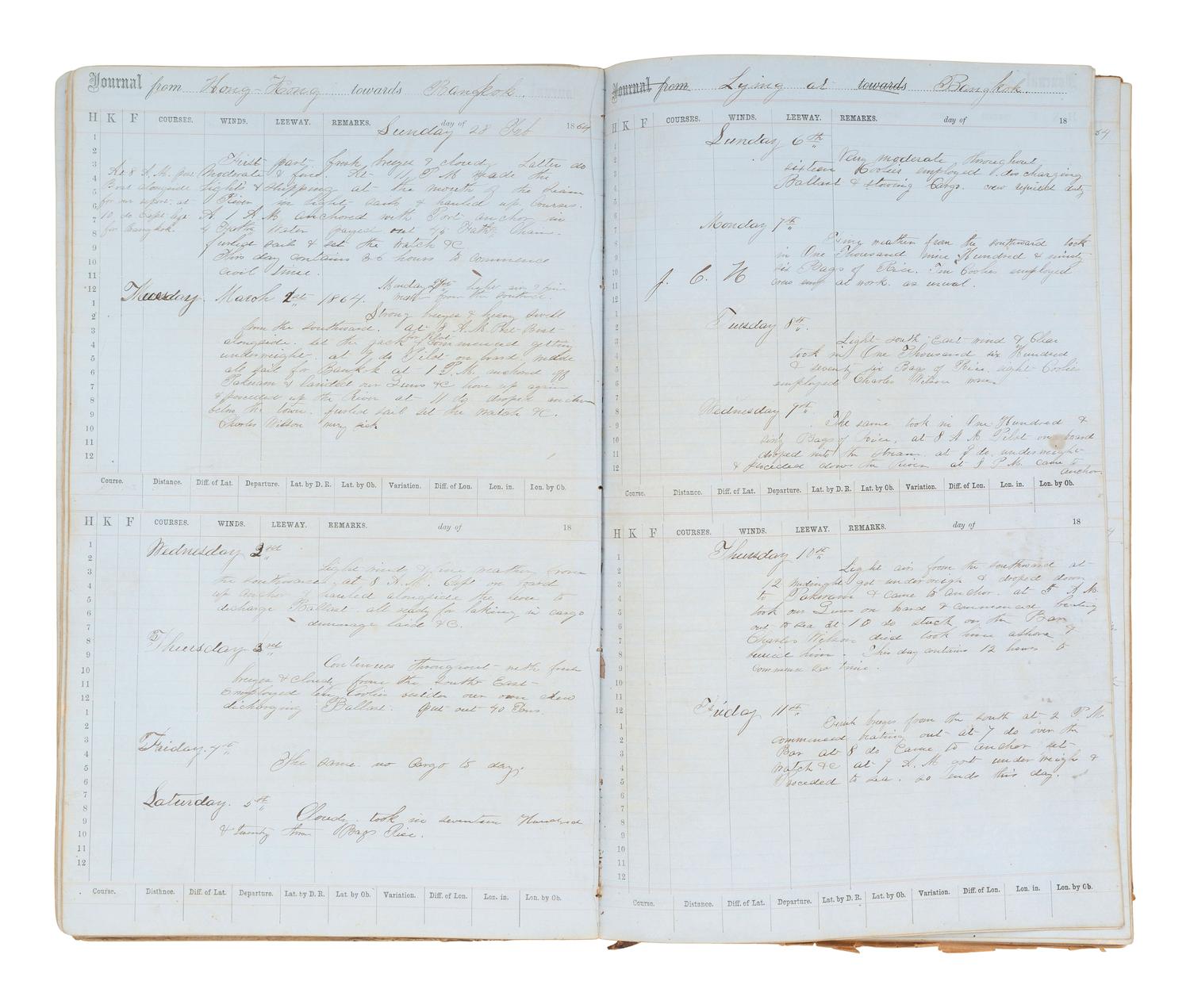 [MARITIME]. Log of the Barques Wavelet , Looling , and J.H. Wills documenting journeys in East Asia, ca 1862-1865. [ With: ] Notebook containing sea shanties and sketches of ships, ca 1862-63.