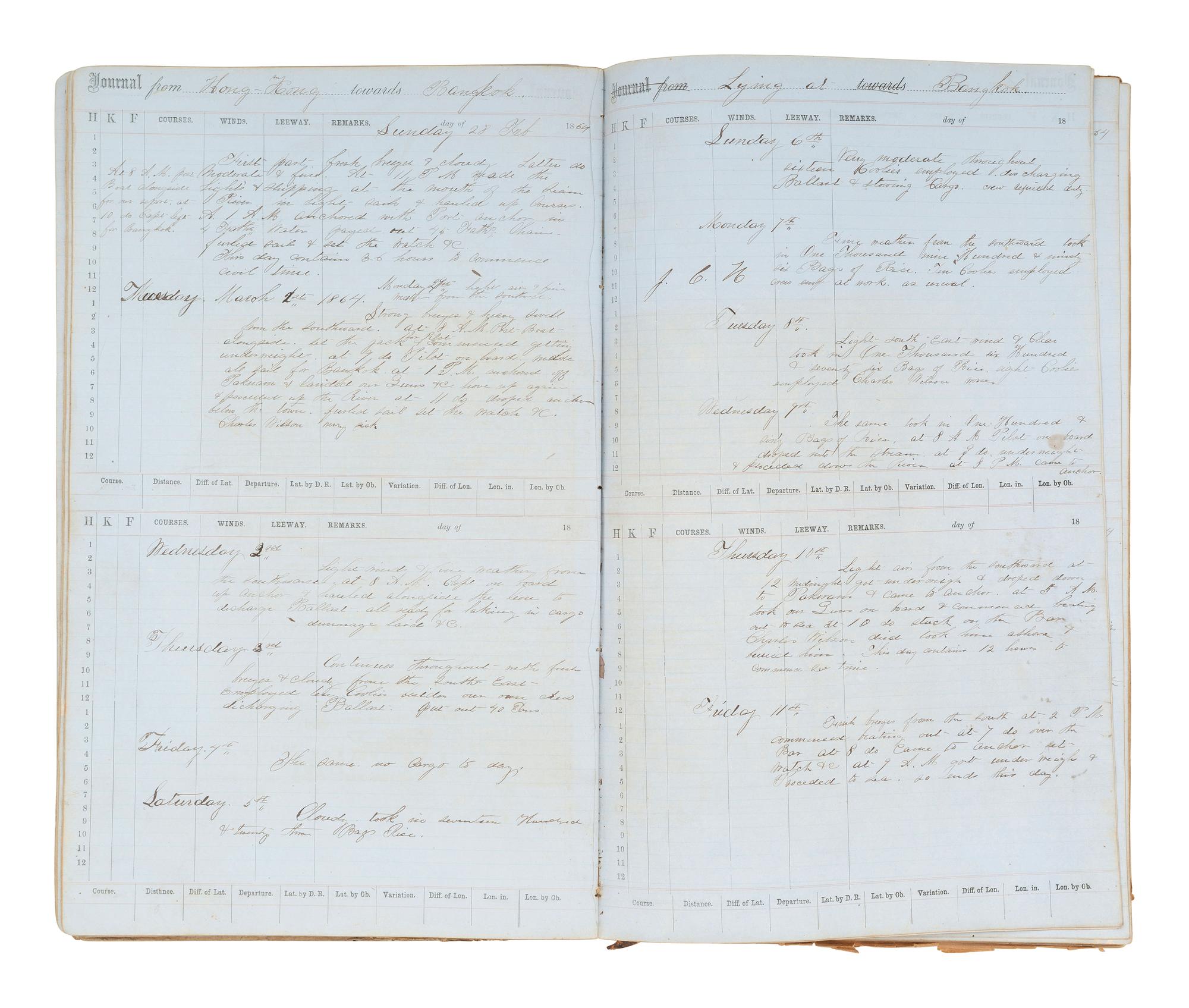 [MARITIME]. Log of the Barques Wavelet , Looling , and J.H. Wills documenting journeys in East Asia, ca 1862-1865. [ With: ] Notebook containing sea shanties and sketches of ships, ca 1862-63.