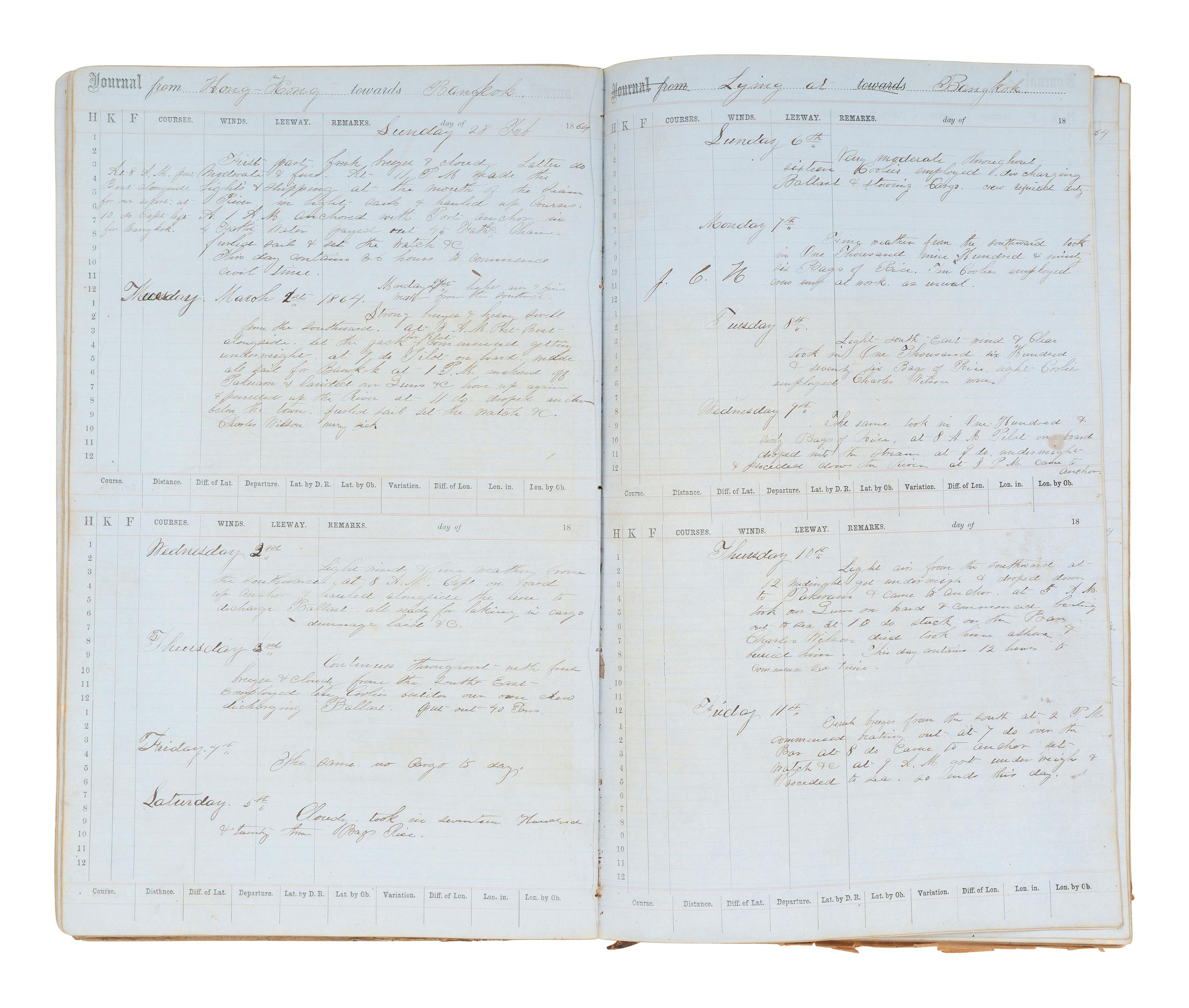 [MARITIME]. Log of the Barques Wavelet , Looling , and J.H. Wills documenting journeys in East Asia, ca 1862-1865. [ With: ] Notebook containing sea shanties and sketches of ships, ca 1862-63.