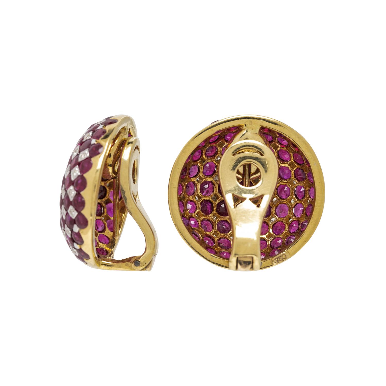 RUBY AND DIAMOND CHECKERBOARD EARCLIPS