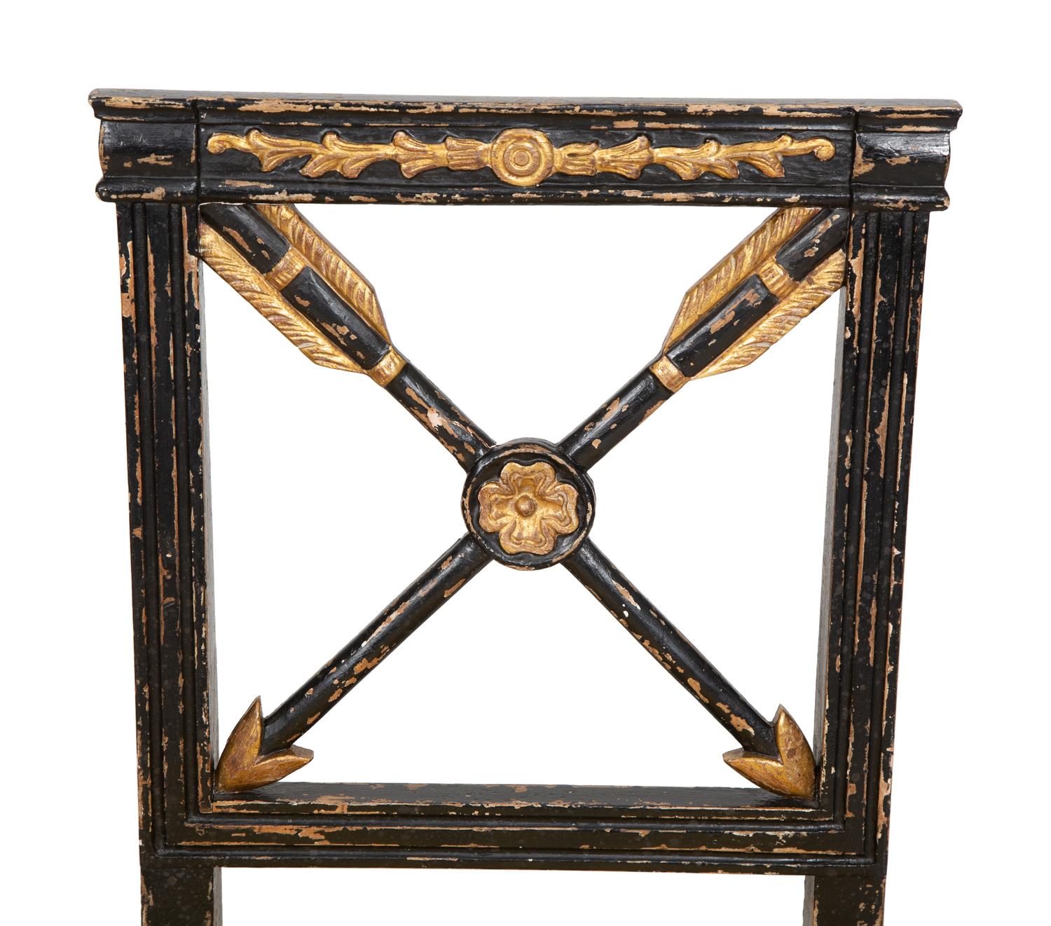 A Pair of Italian Ebonized and Parcel Gilt Side Chairs with Scalamandré Upholstered Seats
