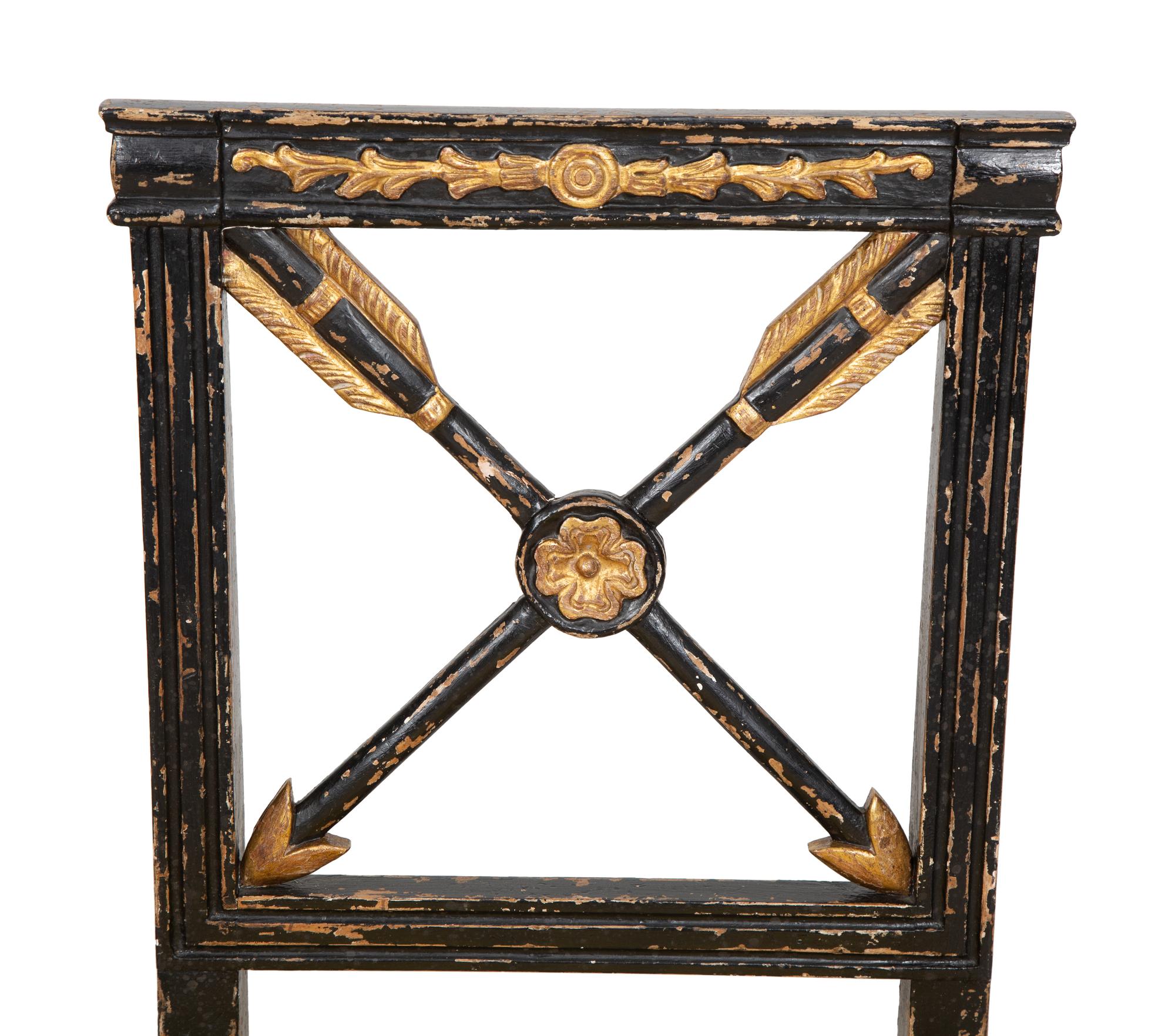 A Pair of Italian Ebonized and Parcel Gilt Side Chairs with Scalamandré Upholstered Seats