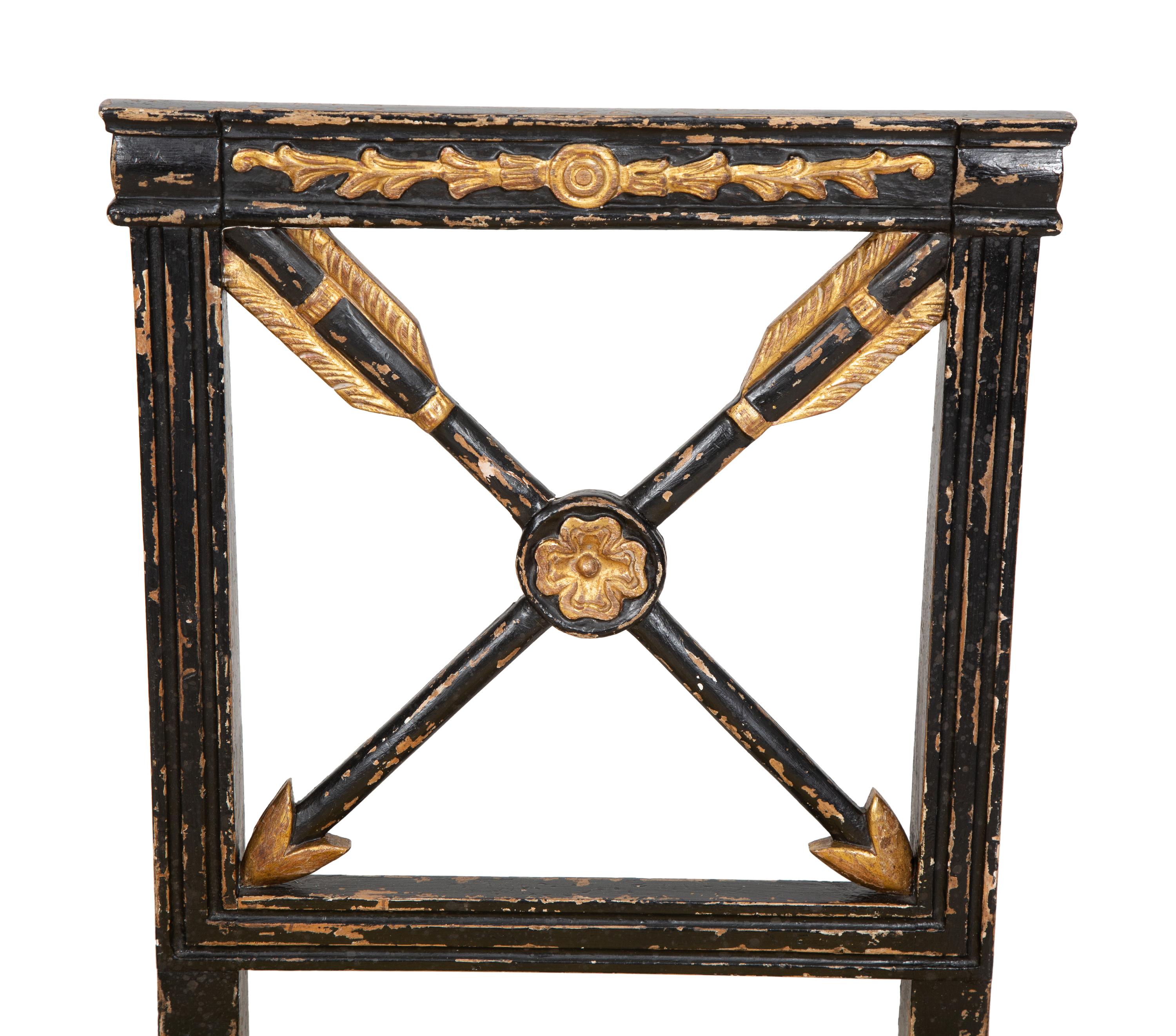A Pair of Italian Ebonized and Parcel Gilt Side Chairs with Scalamandré Upholstered Seats