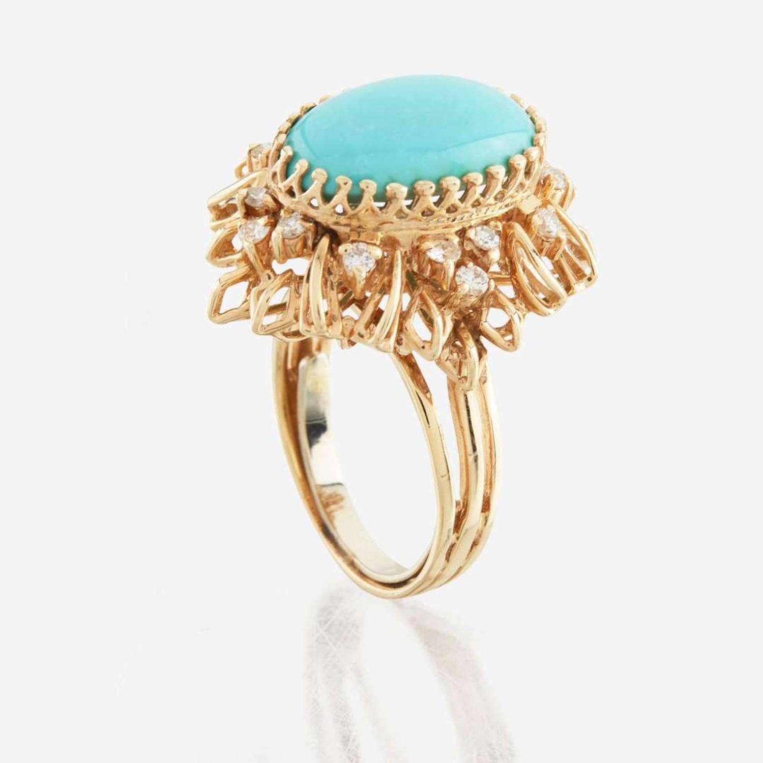 A turquoise, diamond, and gold ring
