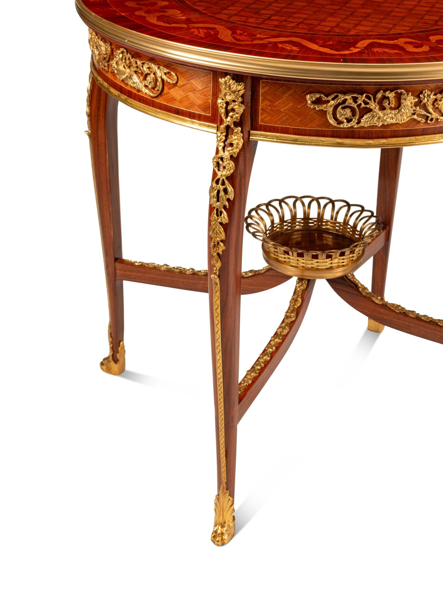 A Pair of Louis XV Style Gilt Bronze Mounted Marquetry Side Tables