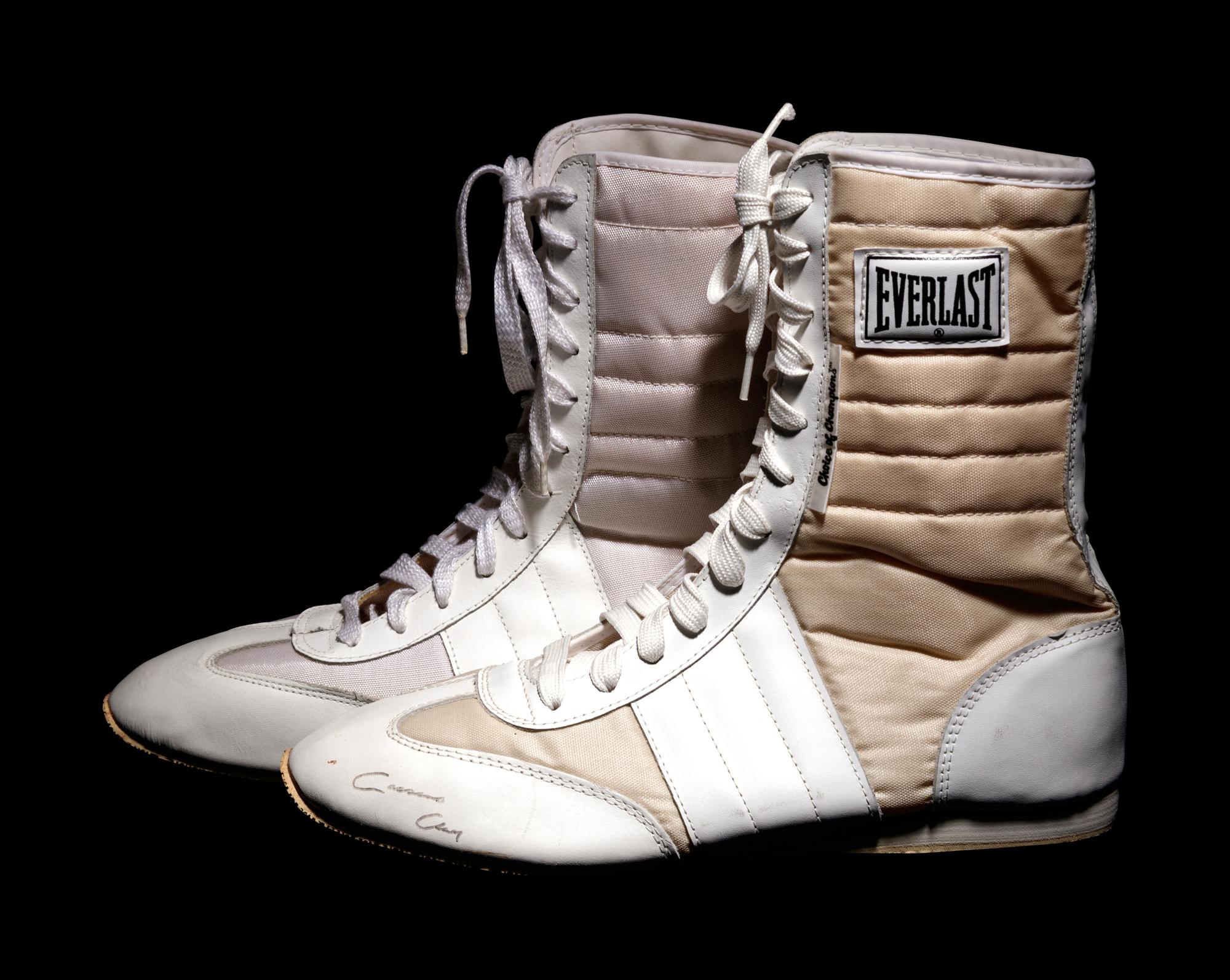A Pair of Muhammad Ali / Cassius Clay Dual Signed White Everlast Boxing Shoes,