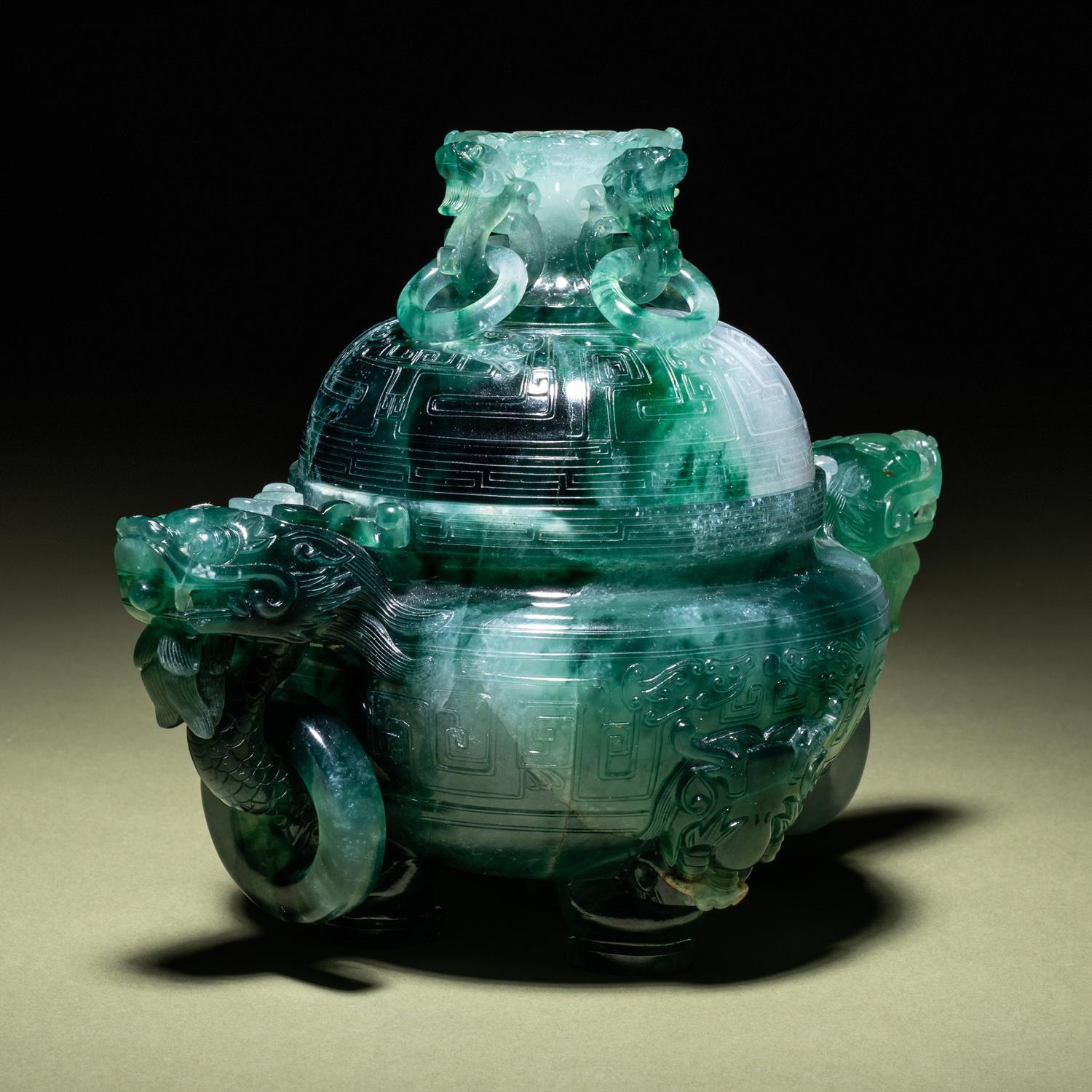 A Fine Semi-Translucent Green Jadeite Censer and Cover