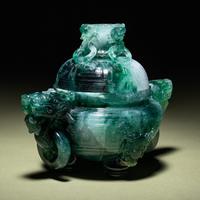 A Fine Semi-Translucent Green Jadeite Censer and Cover