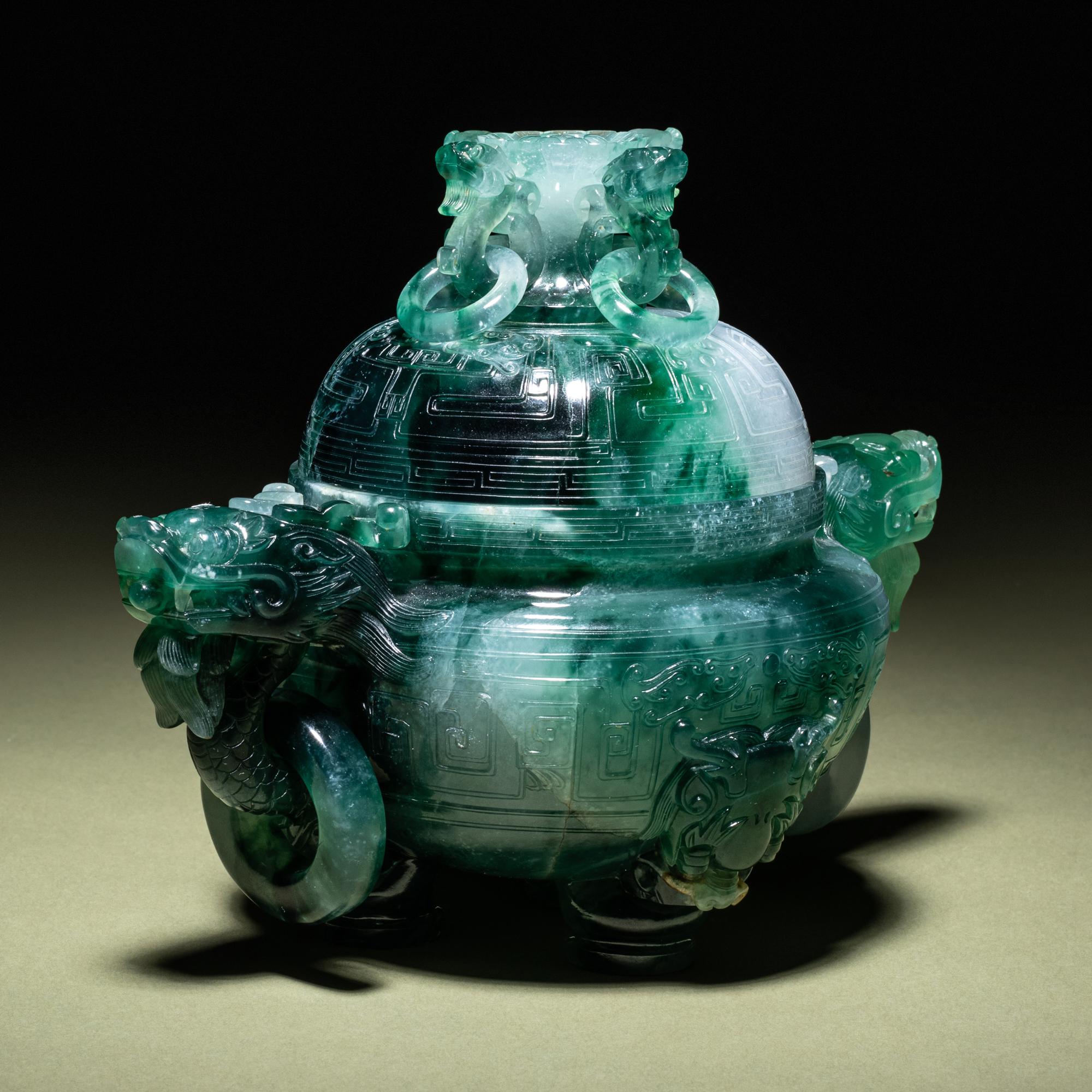 A Fine Semi-Translucent Green Jadeite Censer and Cover