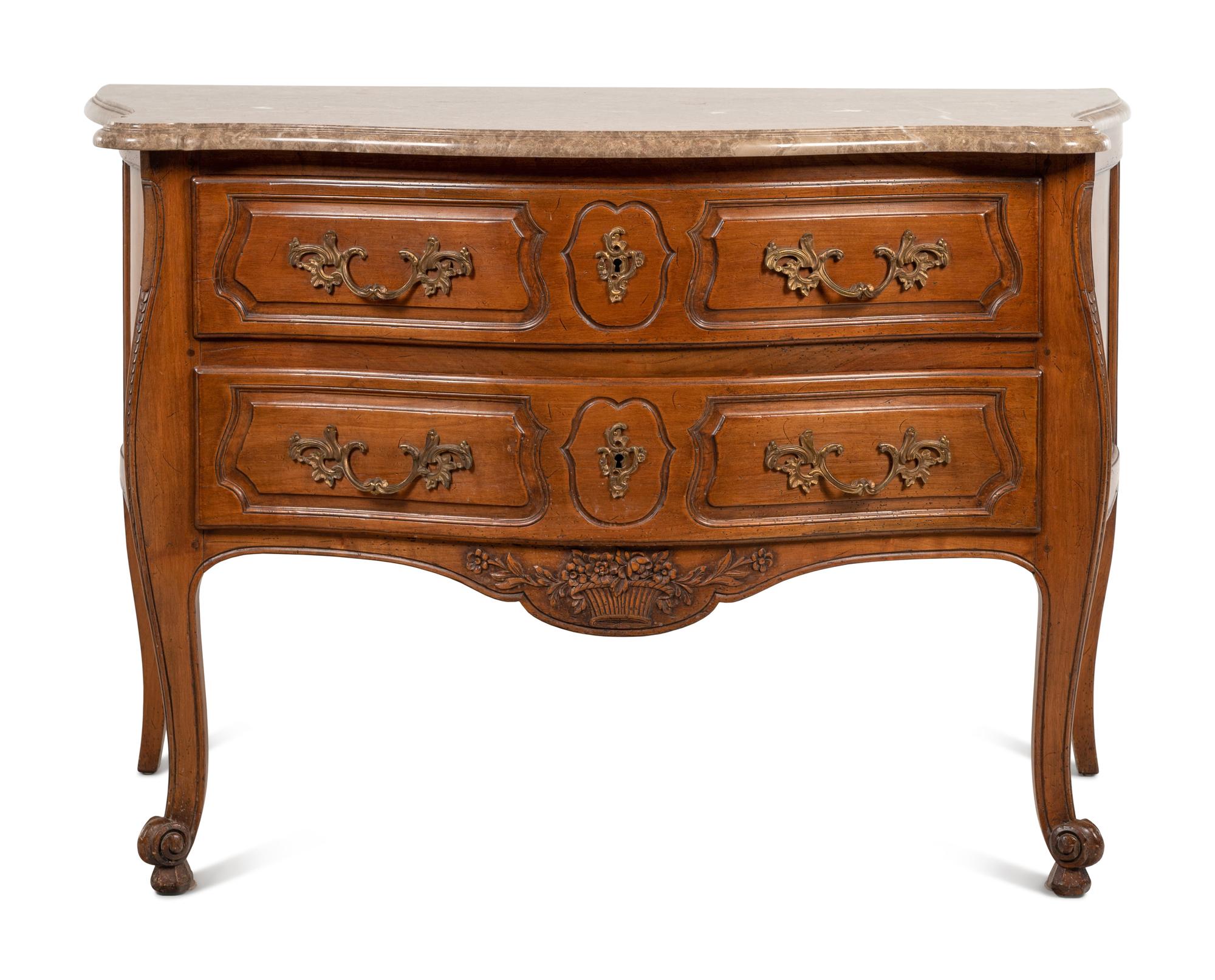 A Louis XV Style Walnut Marble-Top Commode