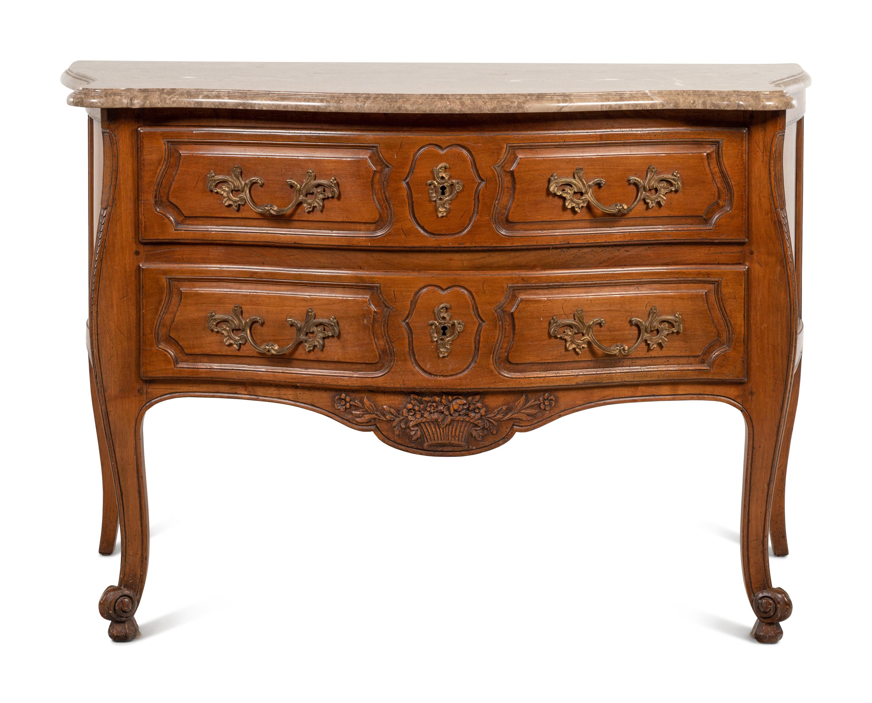 A Louis XV Style Walnut Marble-Top Commode