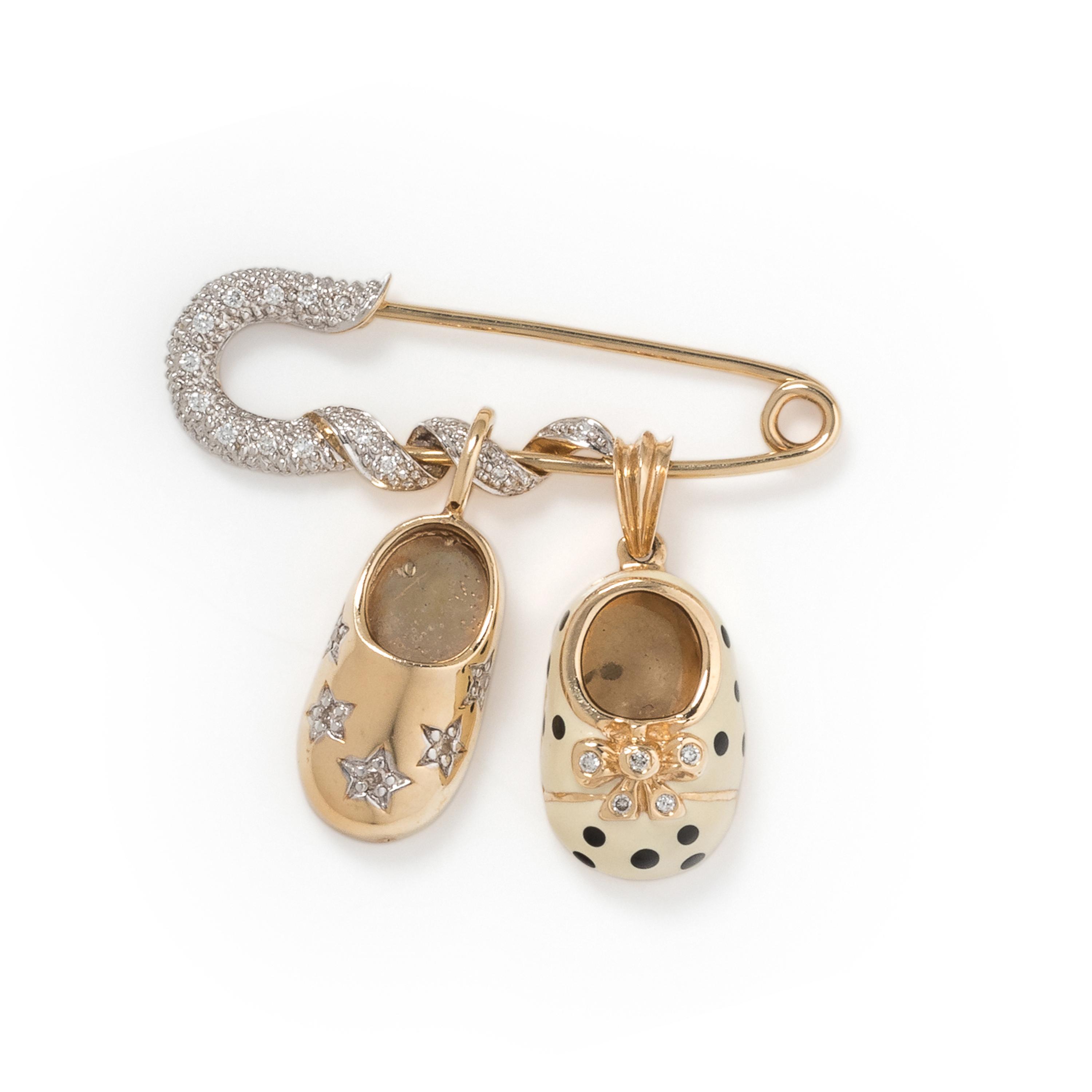 YELLOW GOLD, DIAMOND AND ENAMEL PIN AND PENDANTS