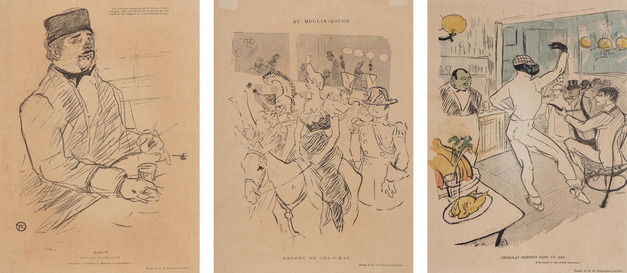 A Group of Three Prints from Le Rire ( Baron Dans Le Charbonniers , Entree de Cha-U-Kao , and Chocolat Dansant Dans Un Bar )