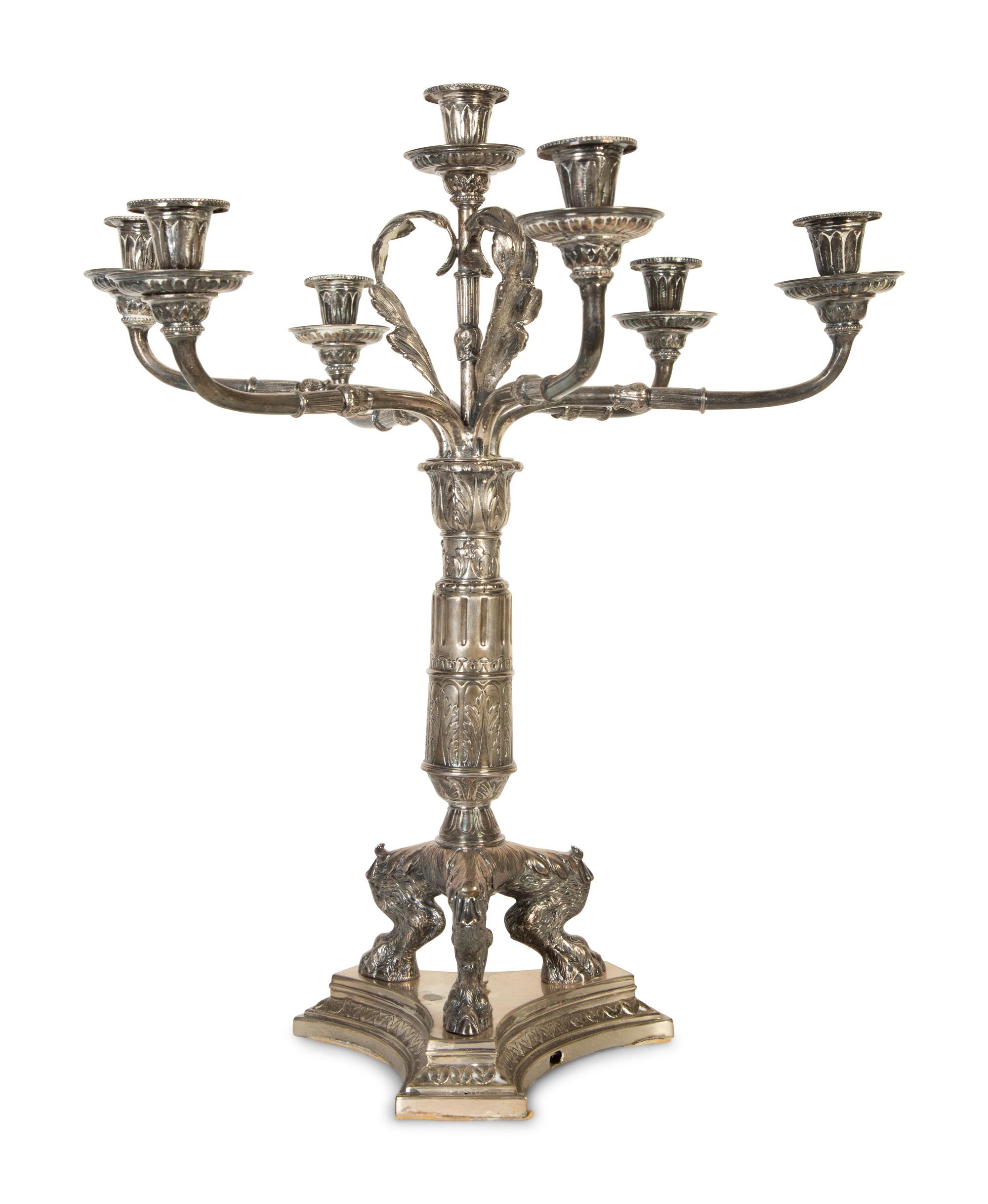 A Pair of English Silver Plate Seven-Light Candelabra — 19th Century