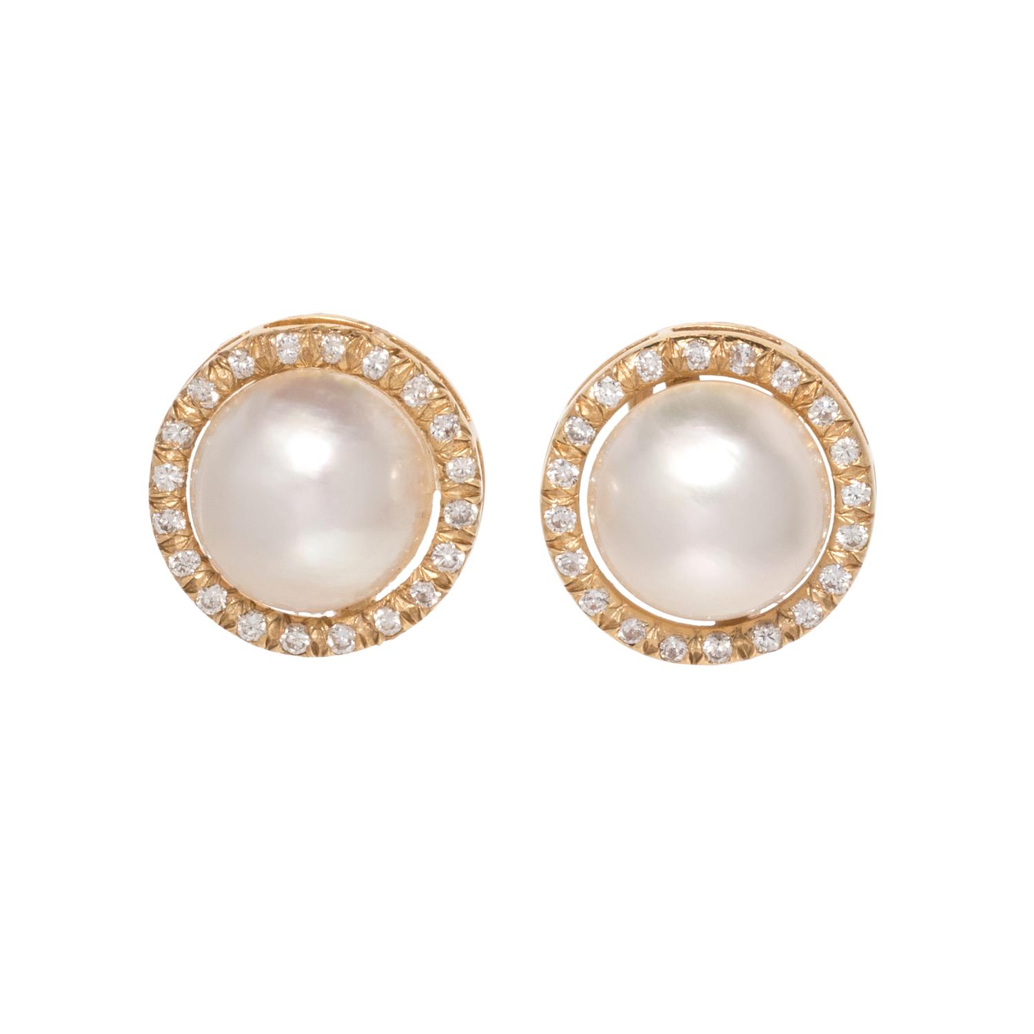 CULTURED MABE PEARL AND DIAMOND EARCLIPS