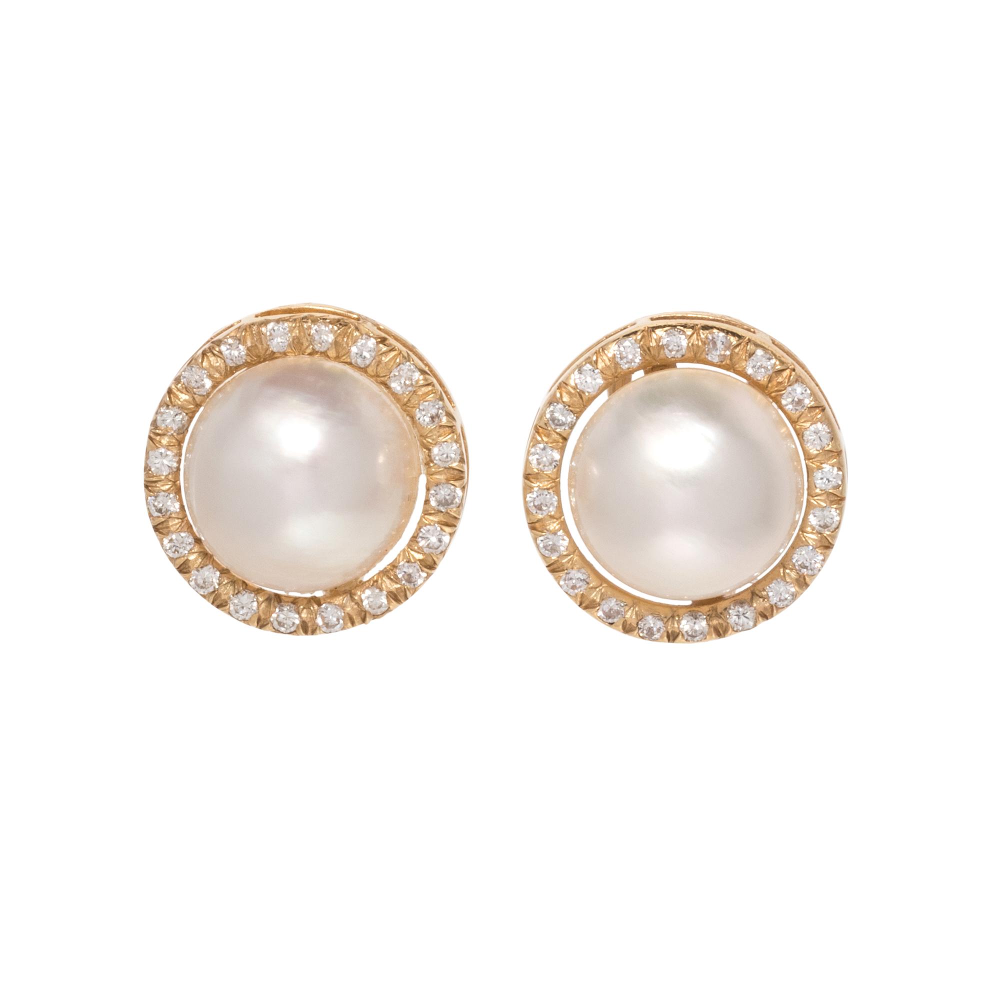 CULTURED MABE PEARL AND DIAMOND EARCLIPS