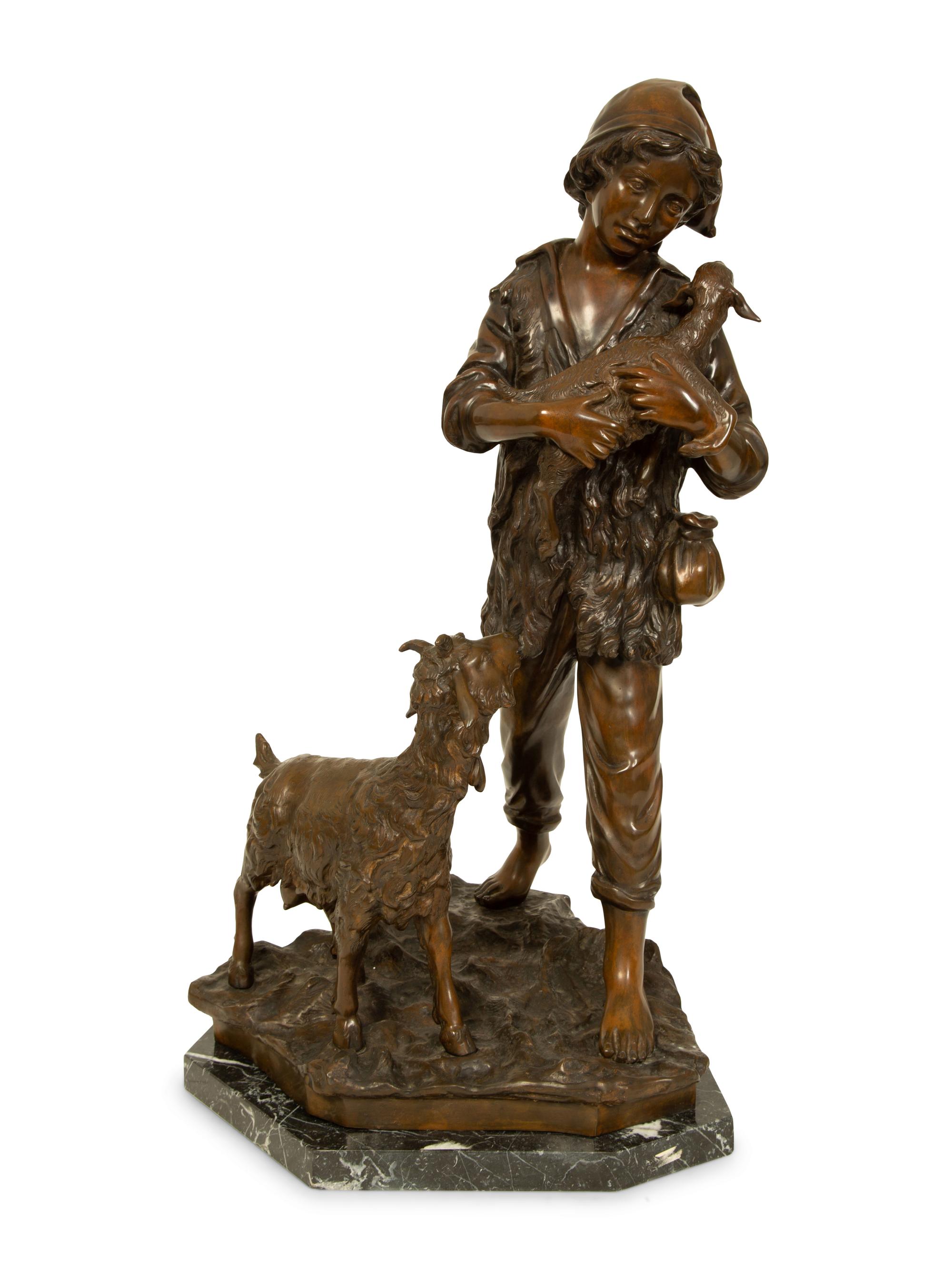 A Bronze Sculpture of Shepherd Boy with Two Goats — 19TH/20TH CENTURY