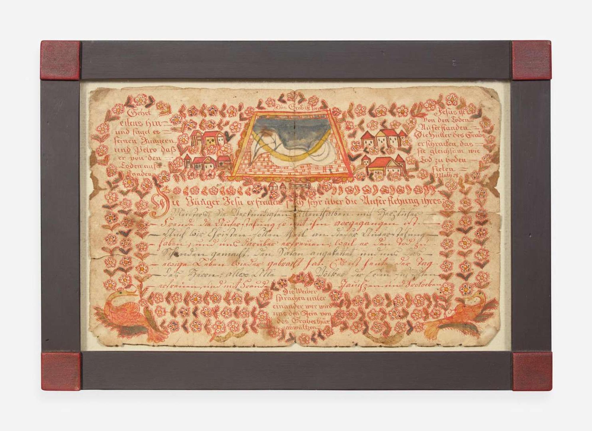 A Frakur birth record decorated with houses