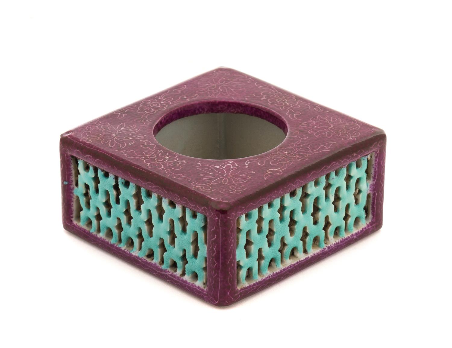 A Famille Rose Porcelain Brush Washer Height 1 3/4 x width 3 3/4 x depth 3 5/8 inches.