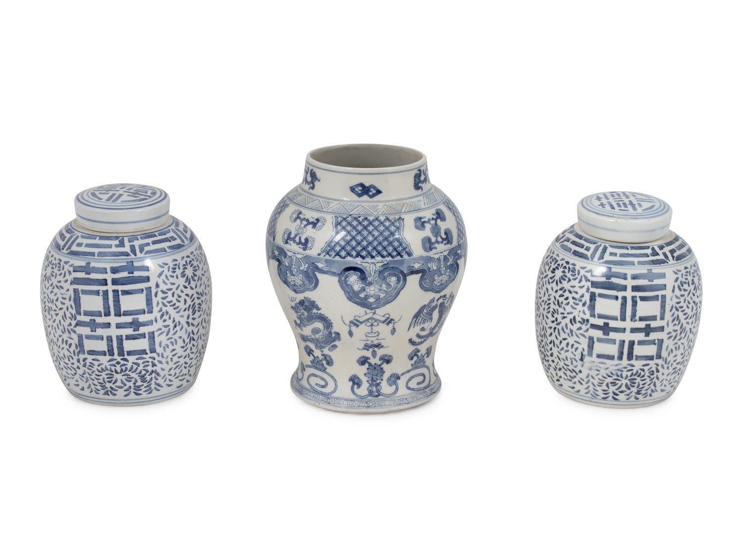 Three Chinese Blue and White Porcelain Jars