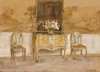 Interior with a commode and a pair of side chairs