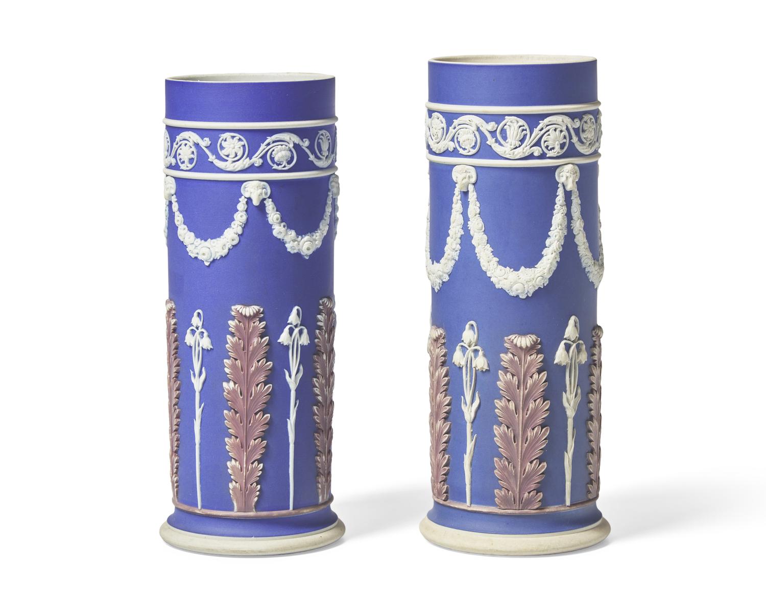 A Matched Pair of Wedgwood Three-Color Jasperware Cylindrical Vases