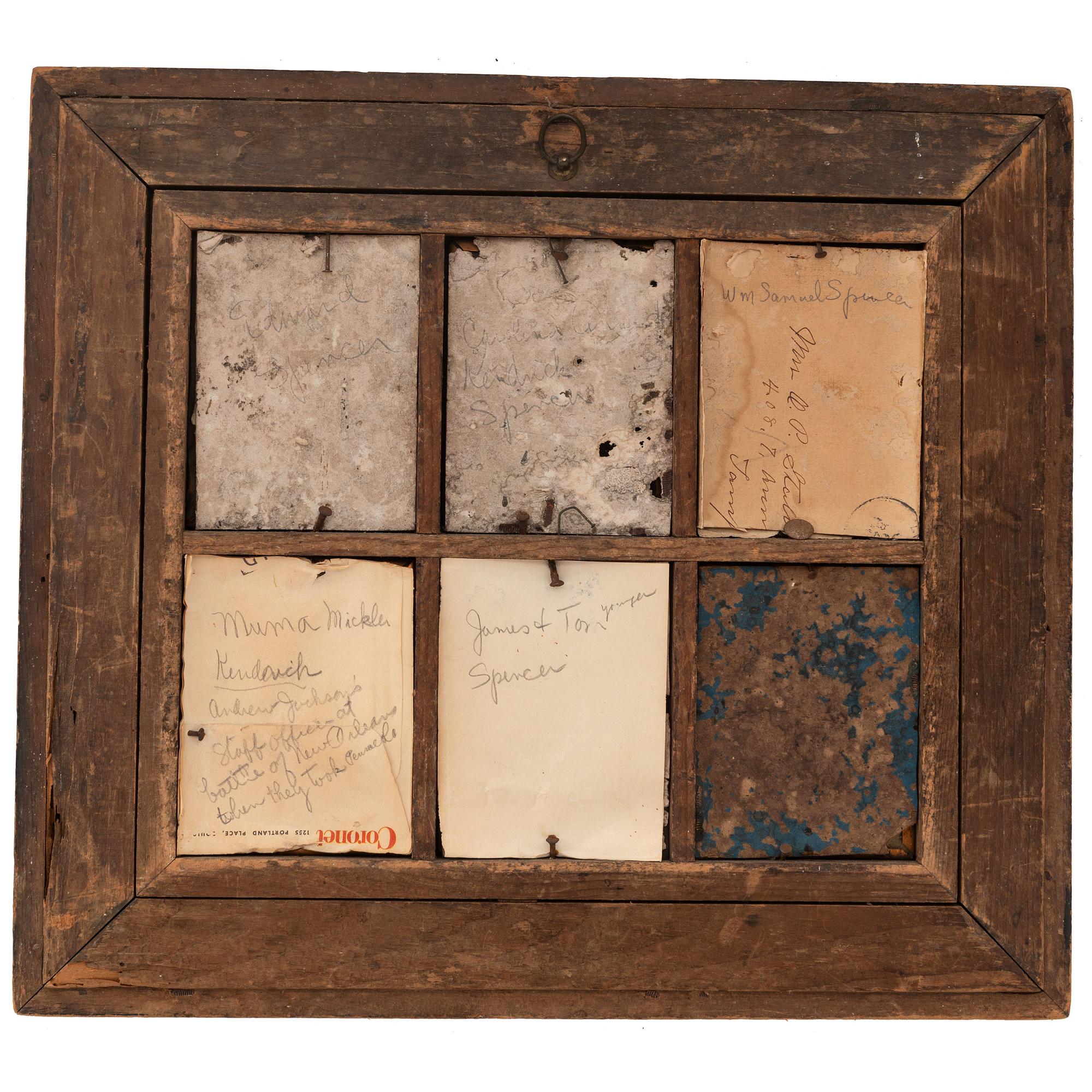 [EARLY PHOTOGRAPHY - PORTRAITURE]. A Daguerreian wall frame containing 6 quarter plate tintypes, with additional frames and mats, including: