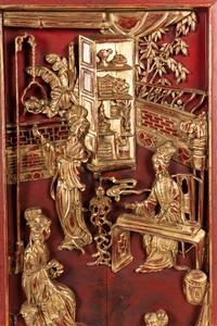 A Pair of Chinese Carved Gilt and Red Lacquered Wood Panels