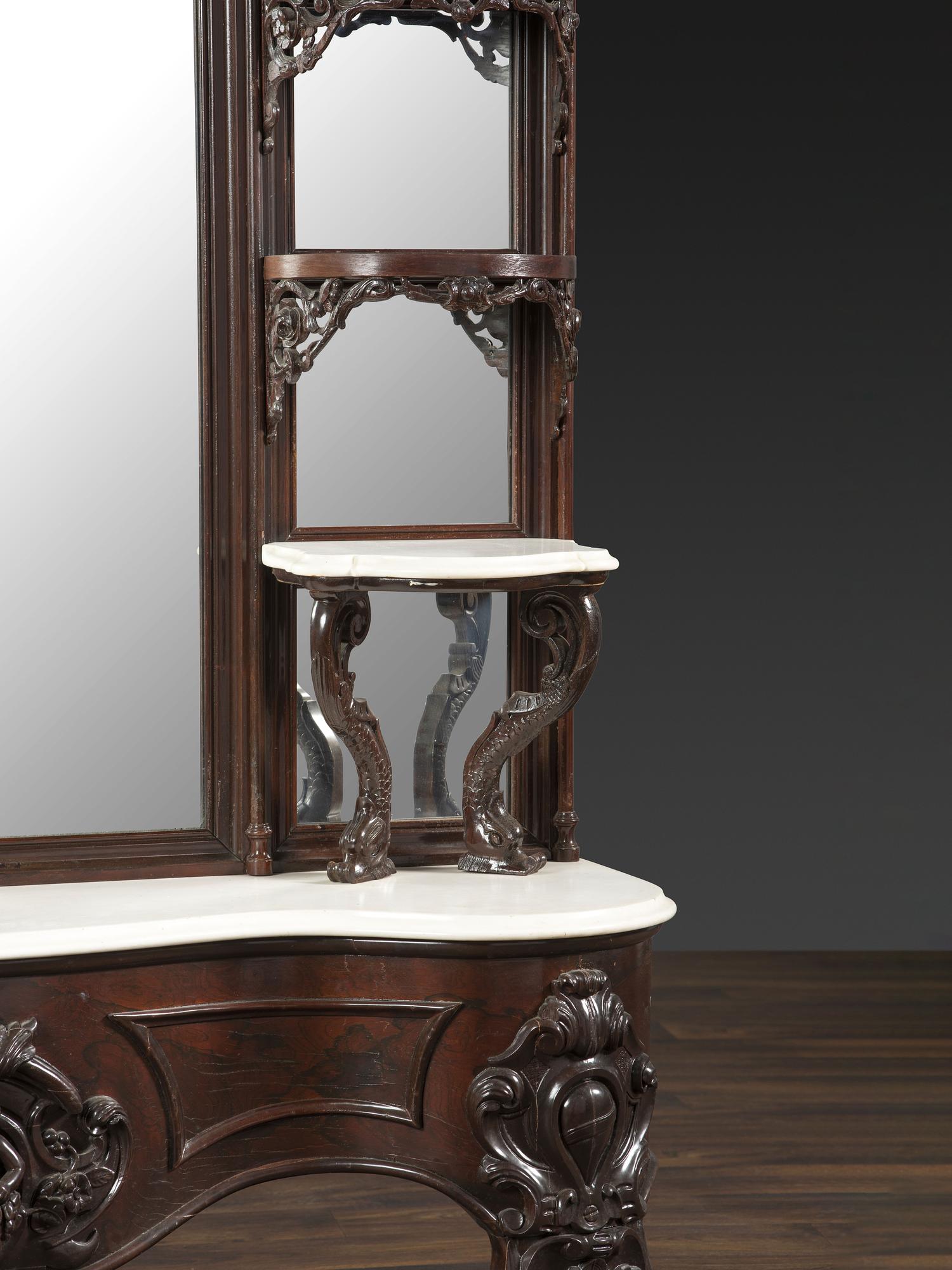 A Renaissance Revival Marble Mounted Carved and Laminated Rosewood Etagere