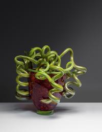 Red and Green Venetian Vase, 1999 together with Chihuly book, signed and illustrated by the artist