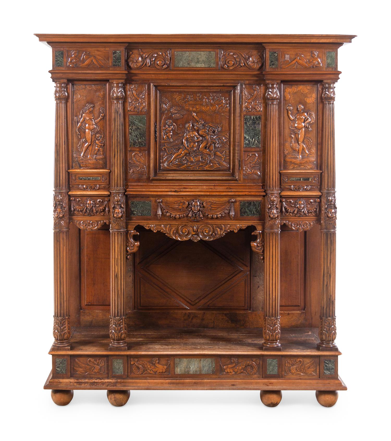 A French Renaissance Revival Carved Walnut and Marble-Inset Court Cupboard