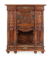 A French Renaissance Revival Carved Walnut and Marble-Inset Court Cupboard