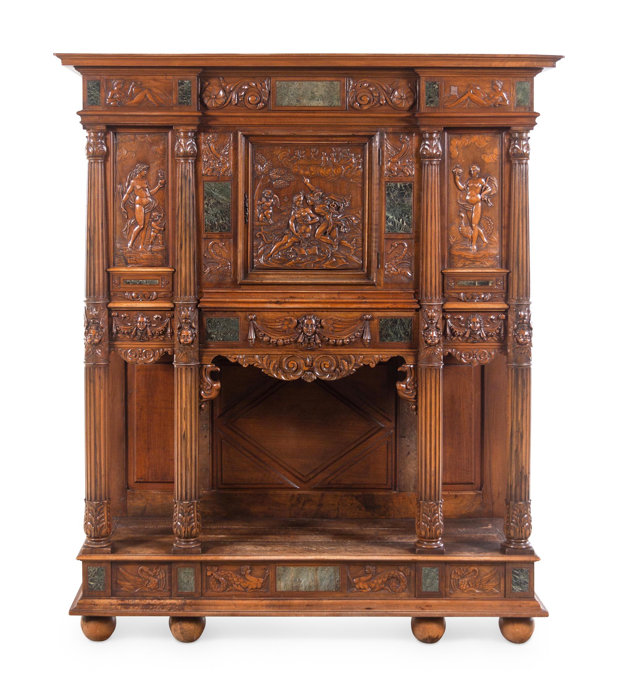 A French Renaissance Revival Carved Walnut and Marble-Inset Court Cupboard